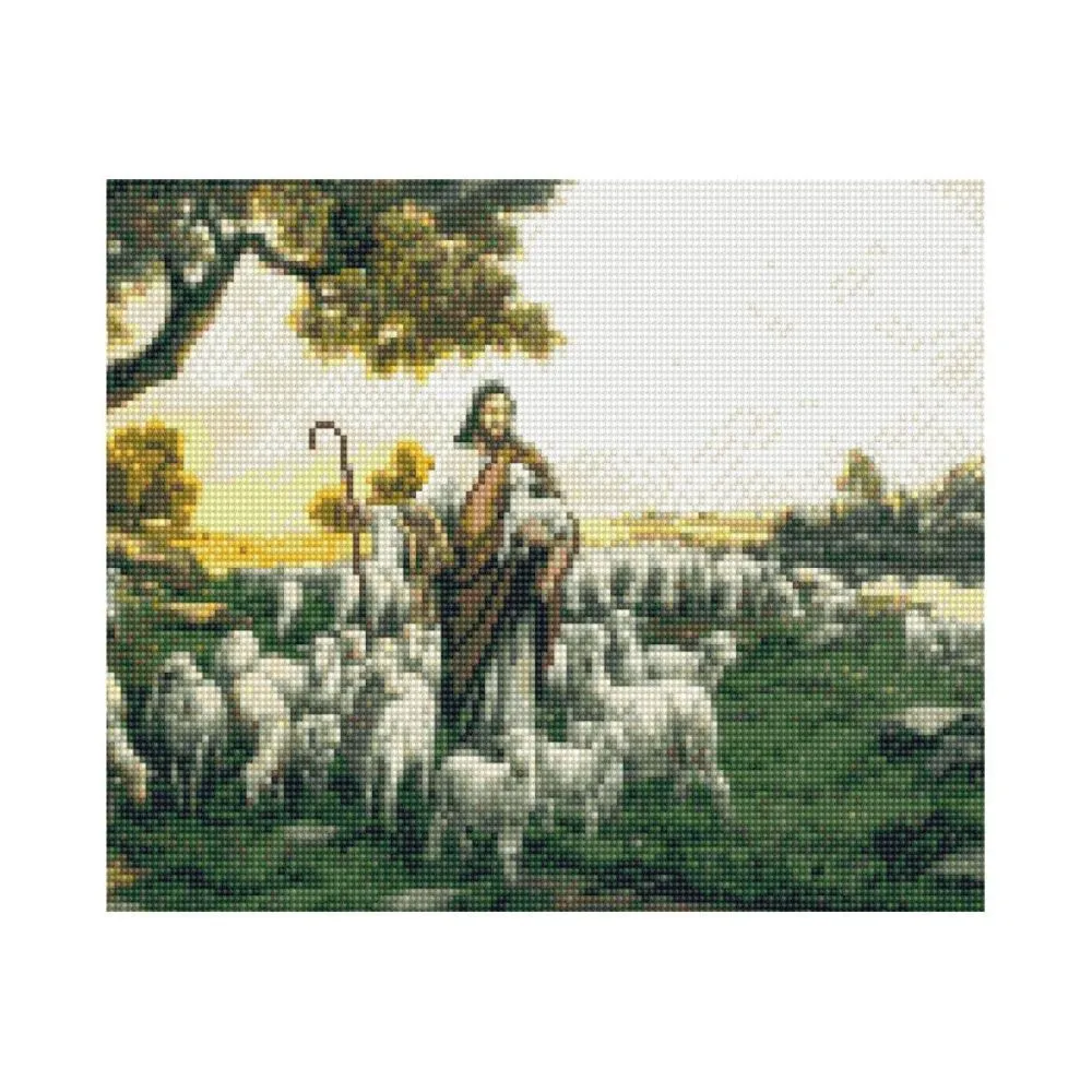 Алмазна мозаїка Strateg ПРЕМІУМ Пастух зі стадом овець 30х40 см HX042
