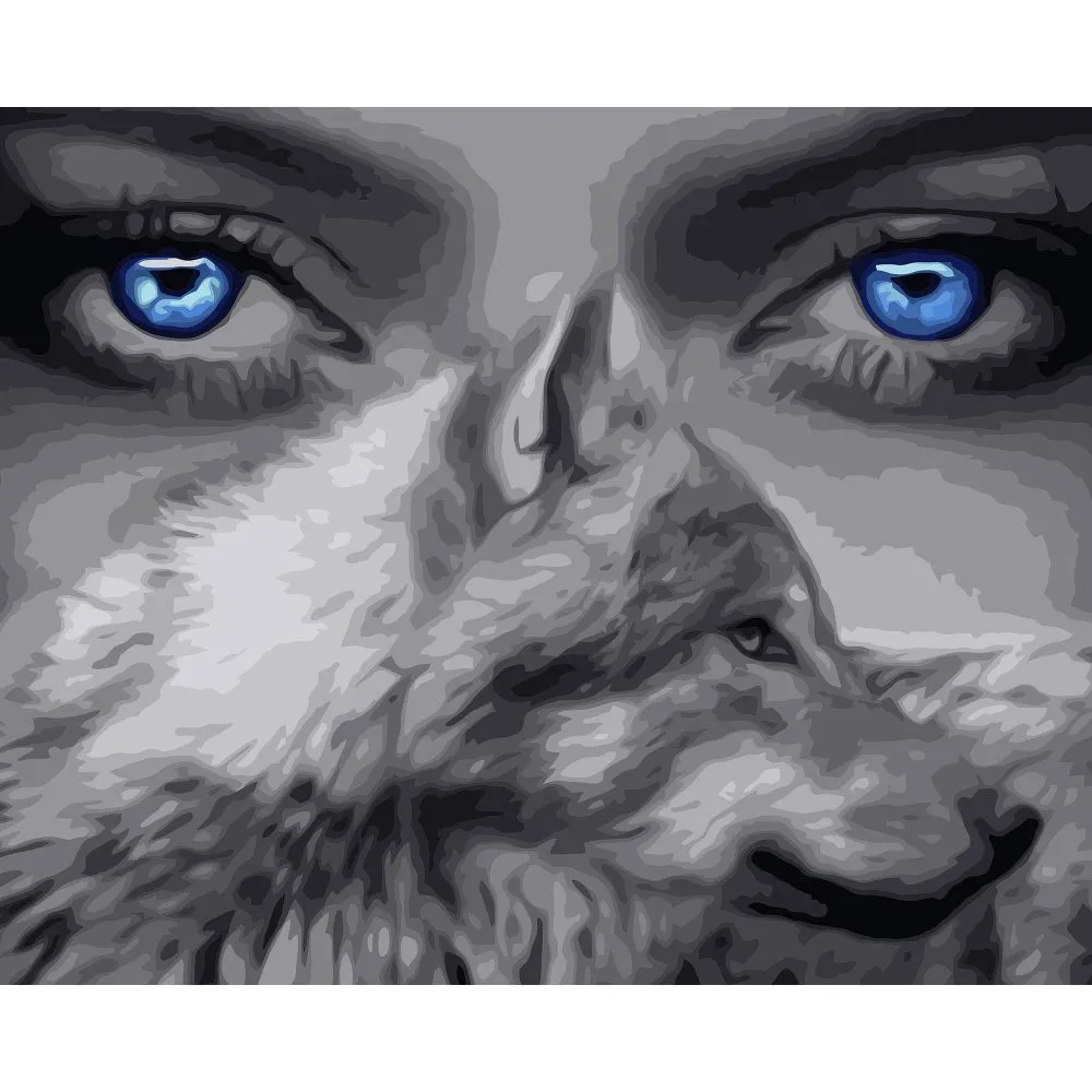Картина за номерами Strateg ПРЕМІУМ Очі вовка з лаком та рівнем розміром 40х50 см VA-3173