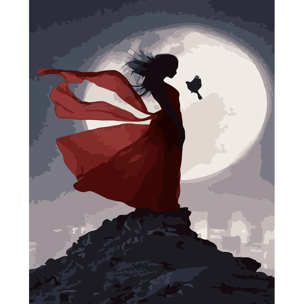 Картина за номерами Strateg ПРЕМІУМ Червона сукня на тлі місяця з лаком та рівнем розміром 40х50 см VA-3178