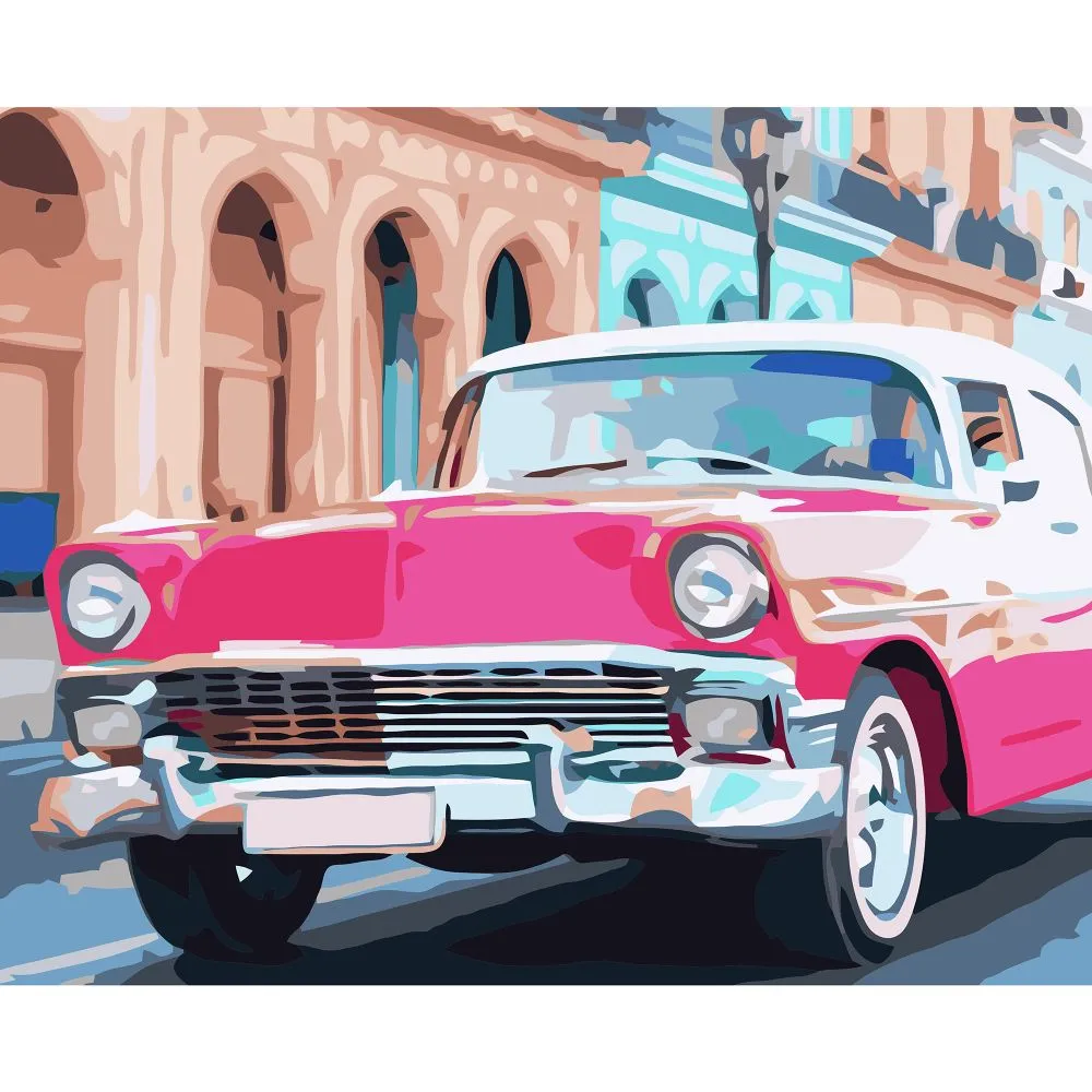 Картина за номерами Strateg ПРЕМІУМ Рожеве авто Гавани з лаком розміром 40х50 см VA-3198