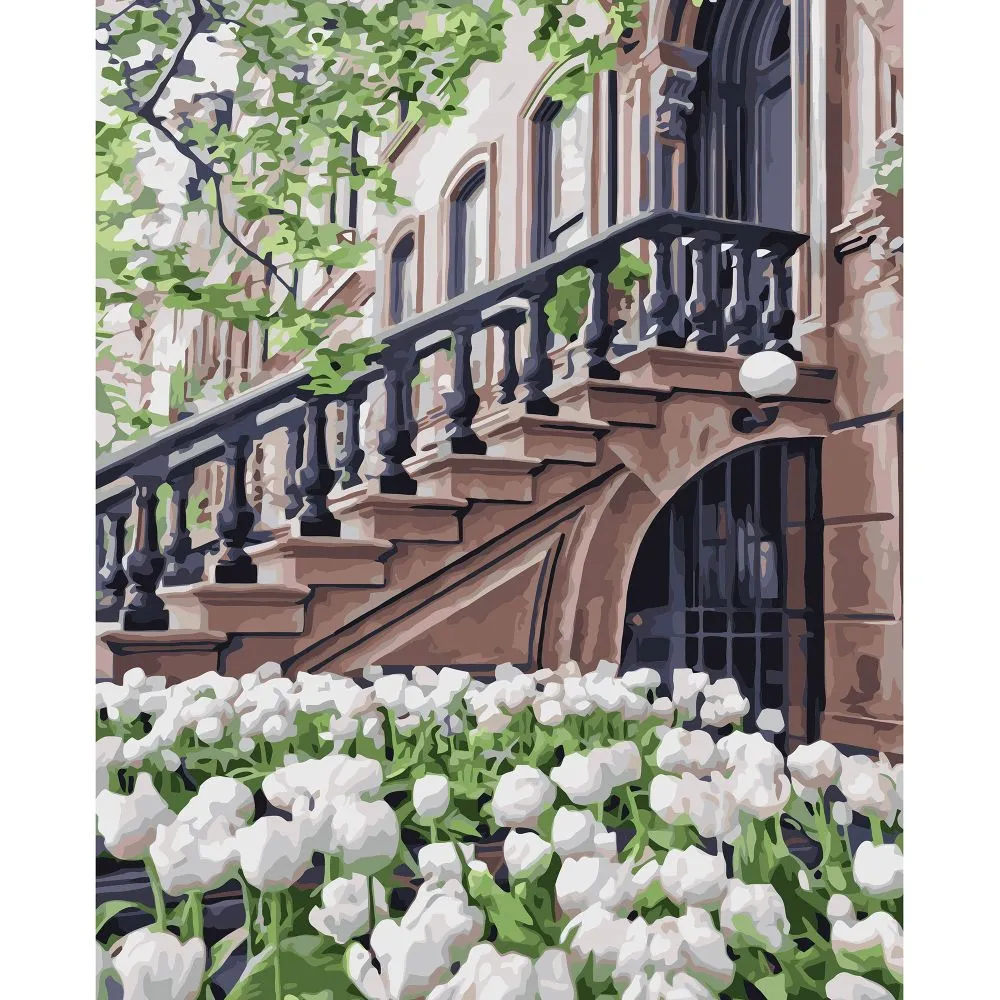 Картина за номерами Strateg ПРЕМІУМ Білі тюльпани з лаком розміром 40х50 см VA-3244