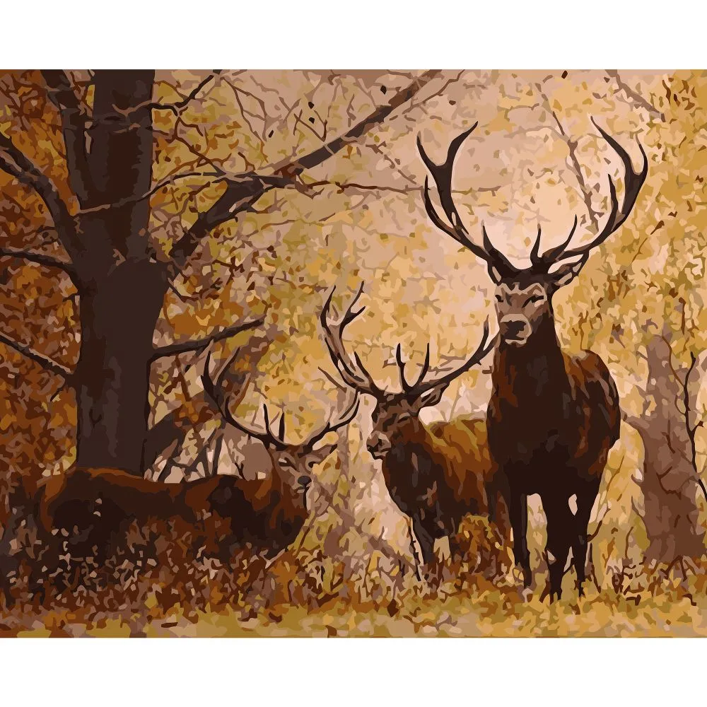 Картина за номерами Strateg ПРЕМІУМ Олені в осінньому лісі з лаком та рівнем розміром 40х50 см VA-3245