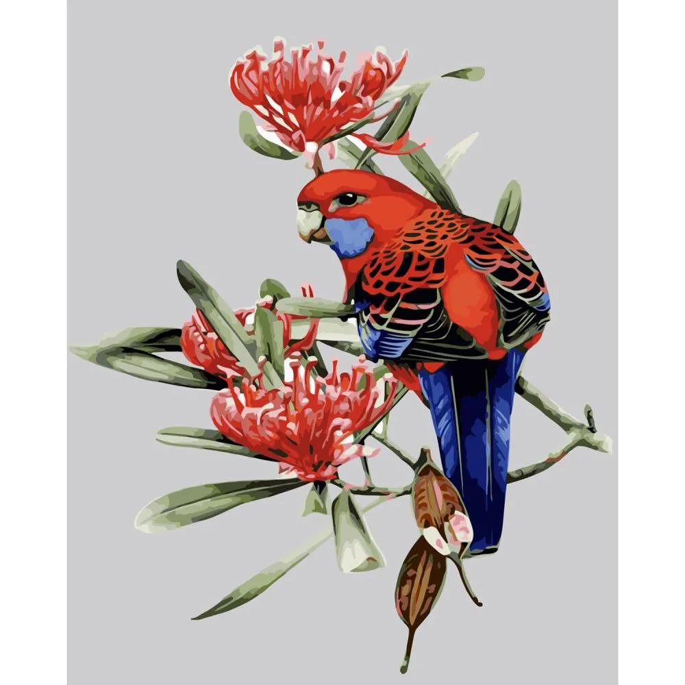 Картина за номерами Strateg ПРЕМІУМ Папуга у квітах з лаком та рівнем розміром 40х50 см SY6035