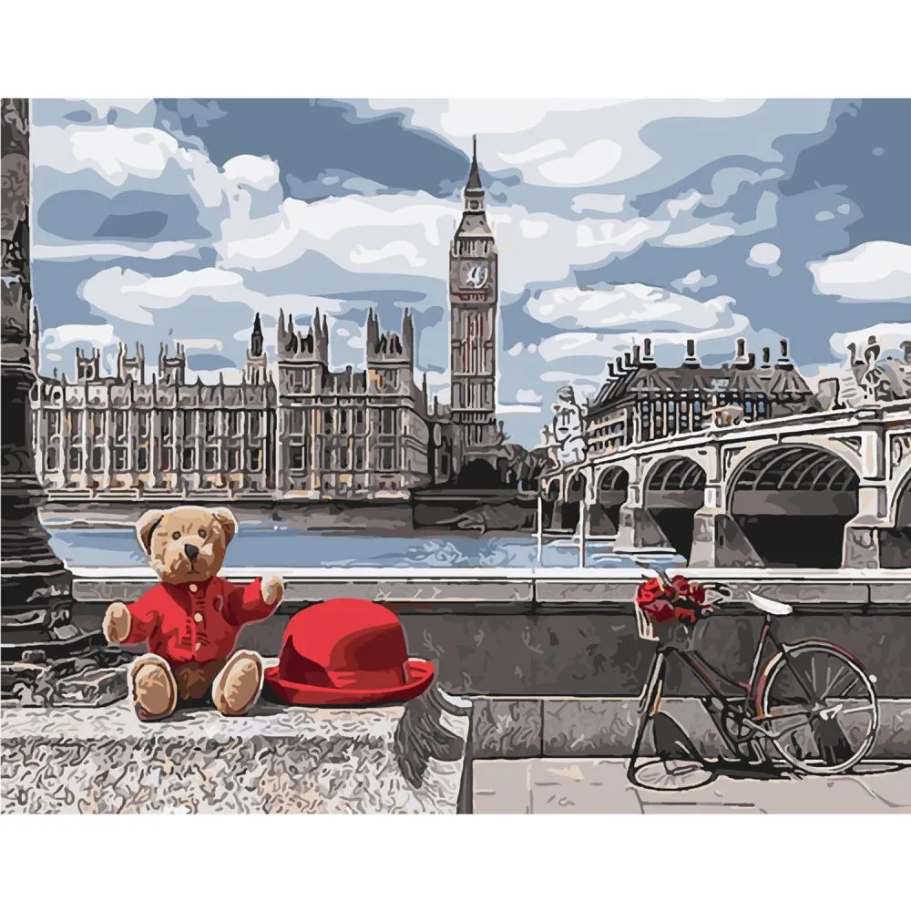Картина за номерами Strateg ПРЕМІУМ Teddy у Лондоні з лаком та рівнем розміром 40х50 см SY6041