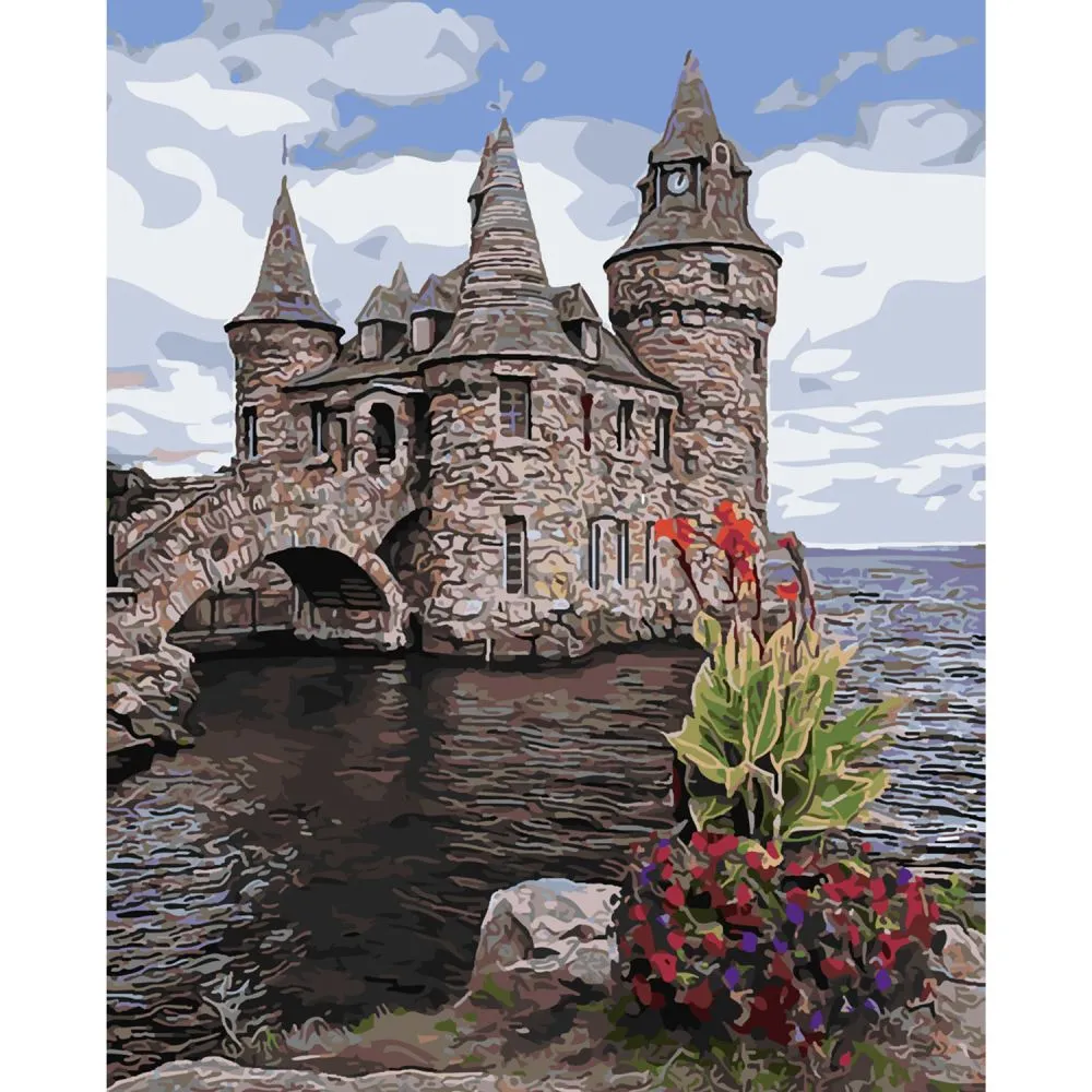 Картина за номерами Strateg ПРЕМІУМ Замок на воді з лаком та рівнем розміром 40х50 см SY6112