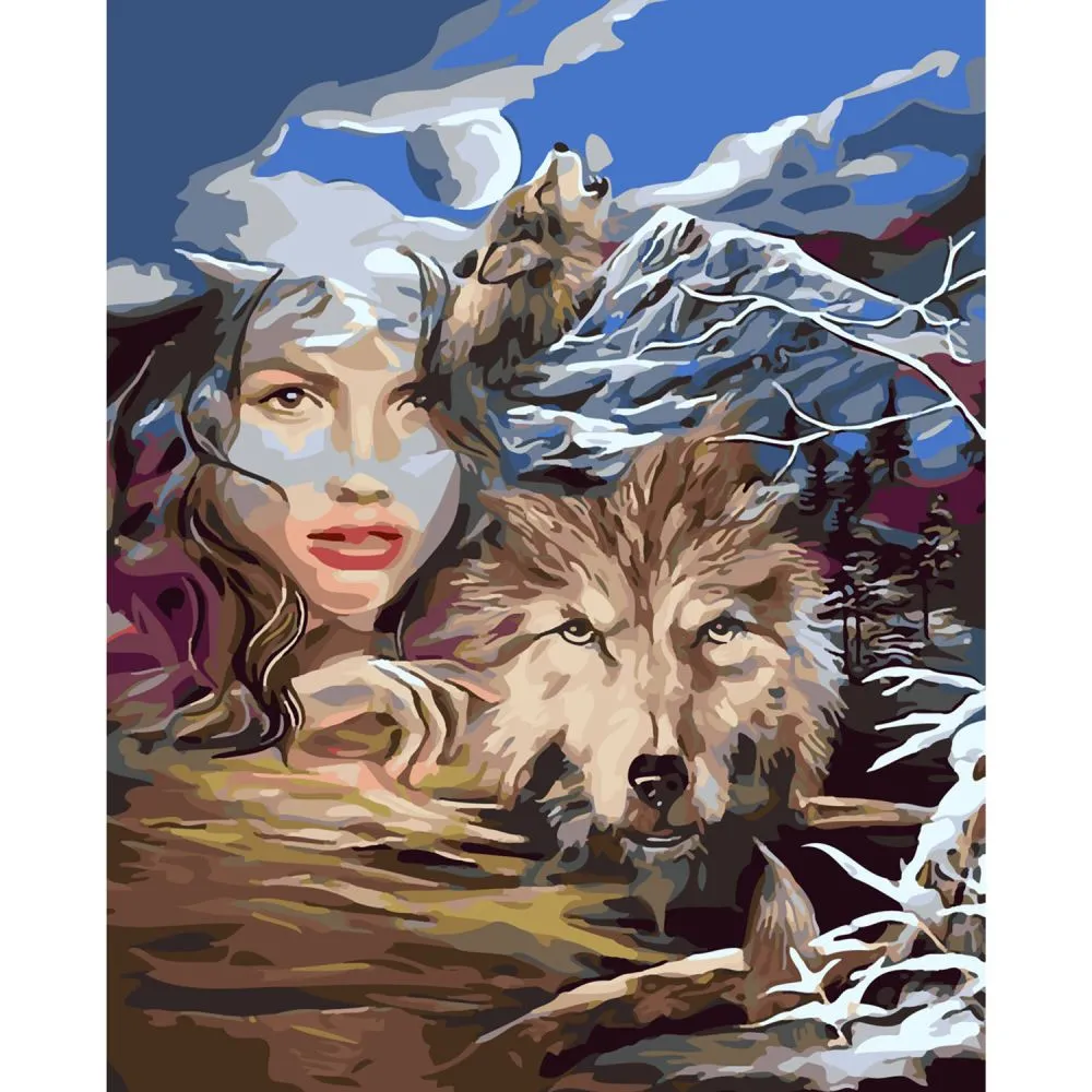 Картина за номерами Strateg ПРЕМІУМ Дівчина-вовчиця з лаком та рівнем розміром 40х50 см SY6252