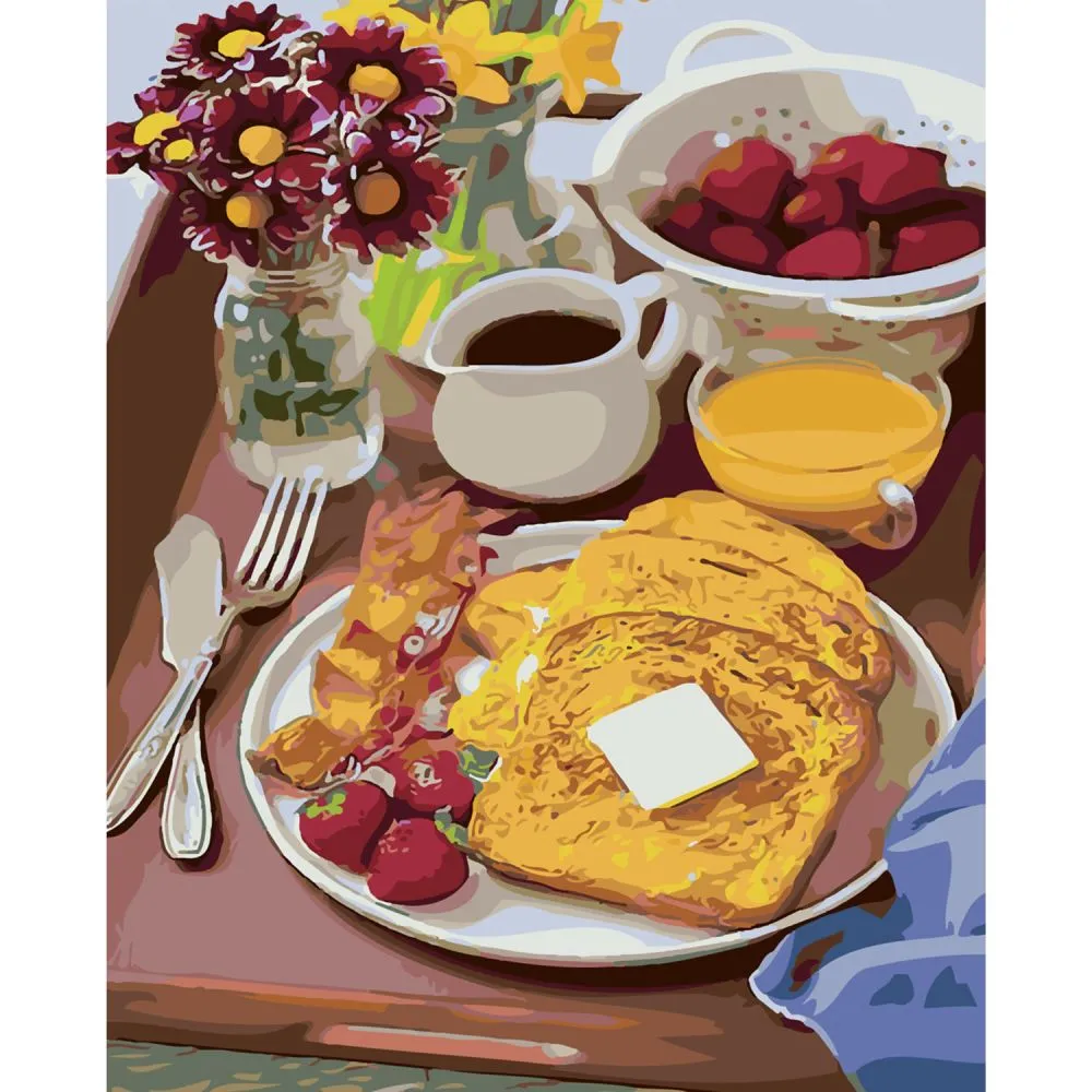 Картина за номерами Strateg ПРЕМІУМ Сніданок у ліжко з лаком розміром 40х50 см SY6277