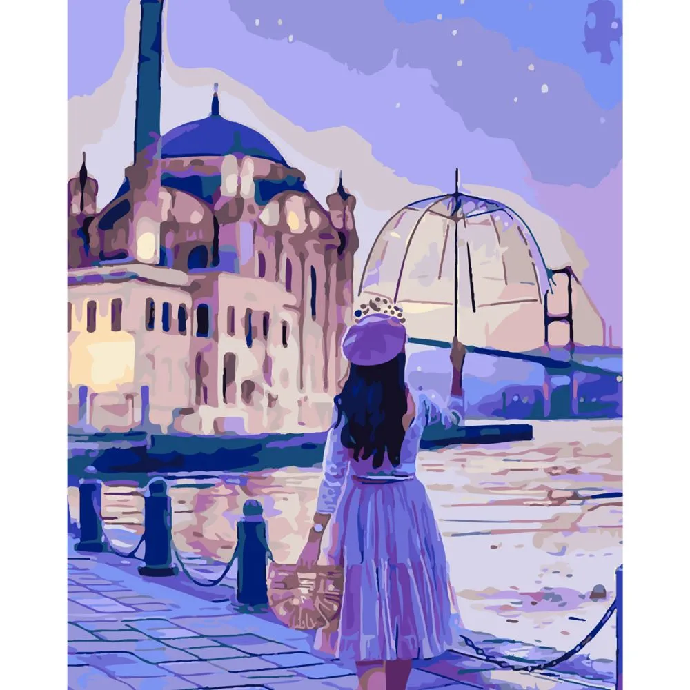 Картина за номерами Strateg ПРЕМІУМ Дівчинка з парасолькою з лаком та рівнем розміром 40х50 см SY6293