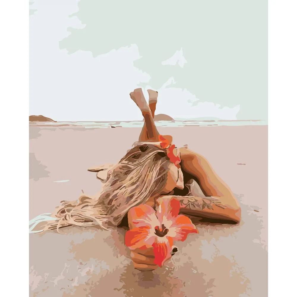 Картина за номерами Strateg ПРЕМІУМ Релакс на пляжі з лаком та рівнем розміром 40х50 см SY6308