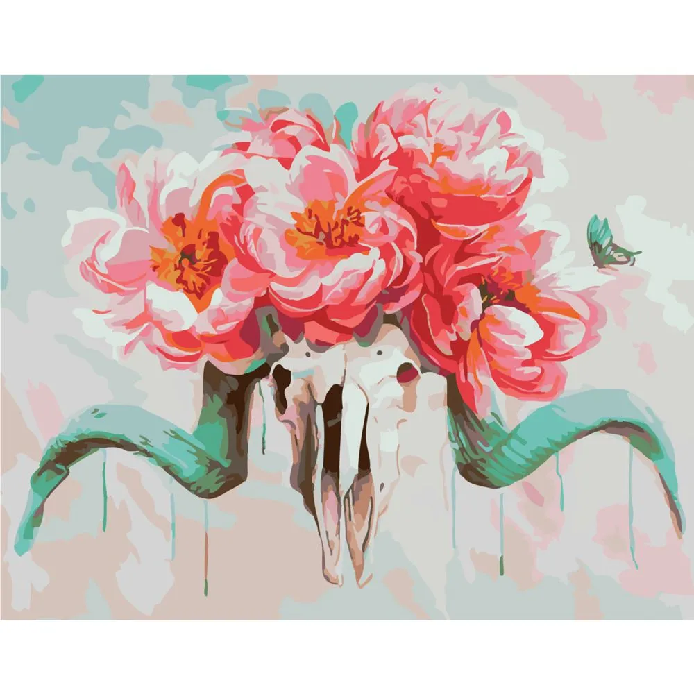 Картина за номерами Strateg ПРЕМІУМ Череп з квітами з лаком та рівнем розміром 40х50 см SY6370