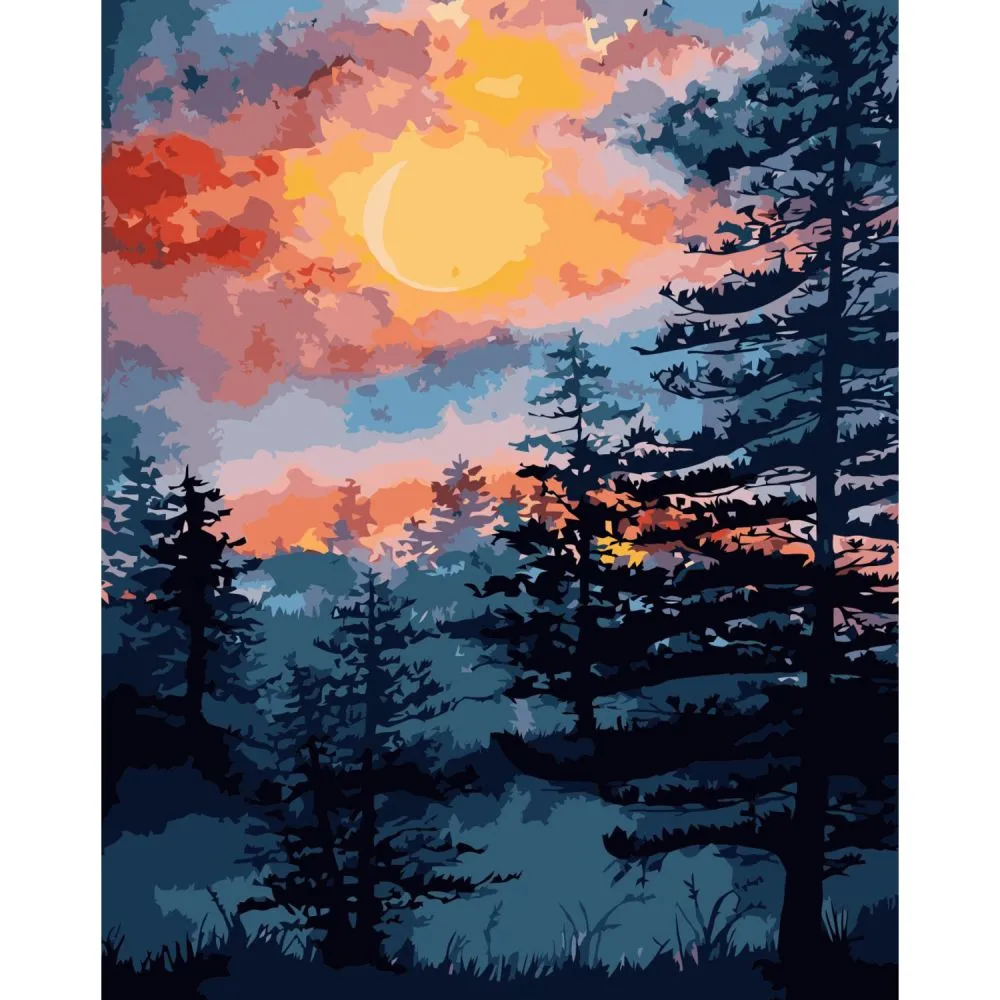 Картина за номерами Strateg ПРЕМІУМ Захід сонця в лісі з лаком та рівнем розміром 40х50 см VA-3293