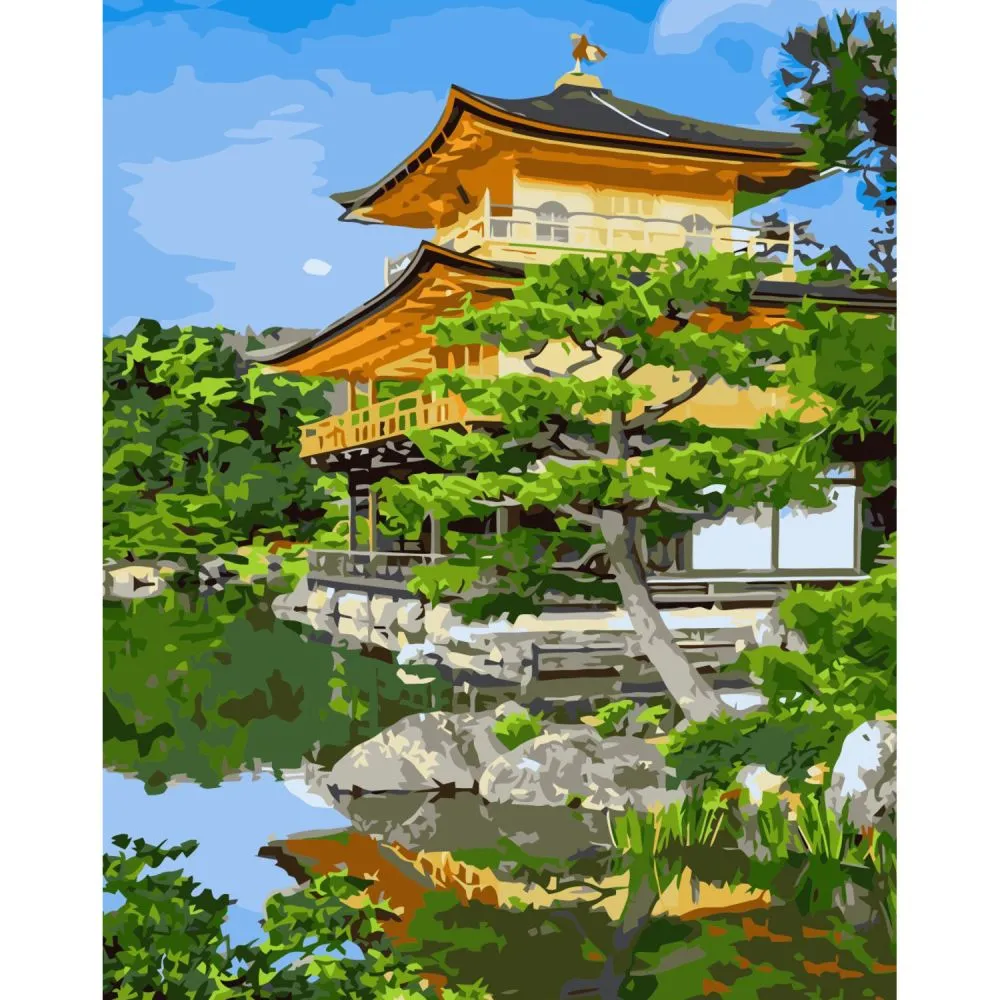 Картина за номерами Strateg ПРЕМІУМ Золотий павільйон Кінкакудзі в Японії з лаком та рівнем розміром 40х50 см VA-3313
