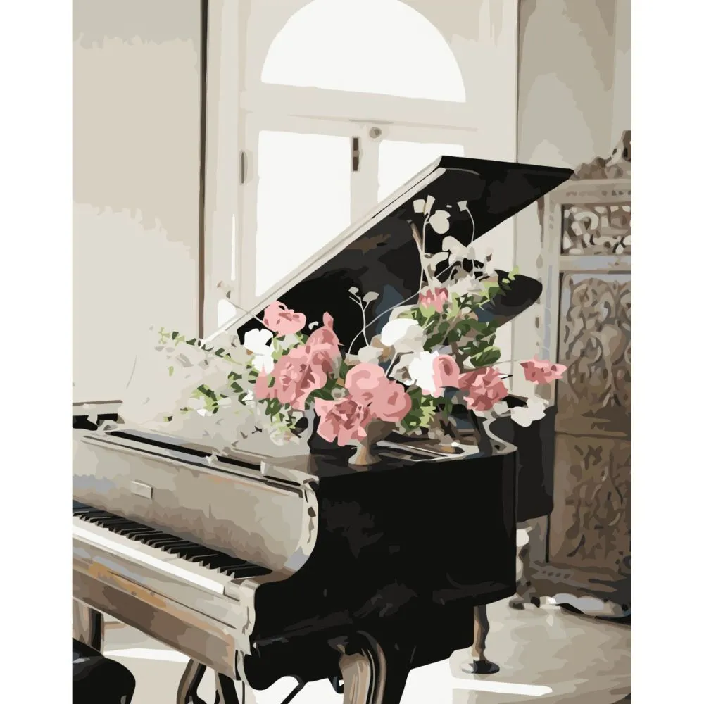 Картина за номерами Strateg ПРЕМІУМ Рояль у квітах з лаком розміром 40х50 см VA-3346