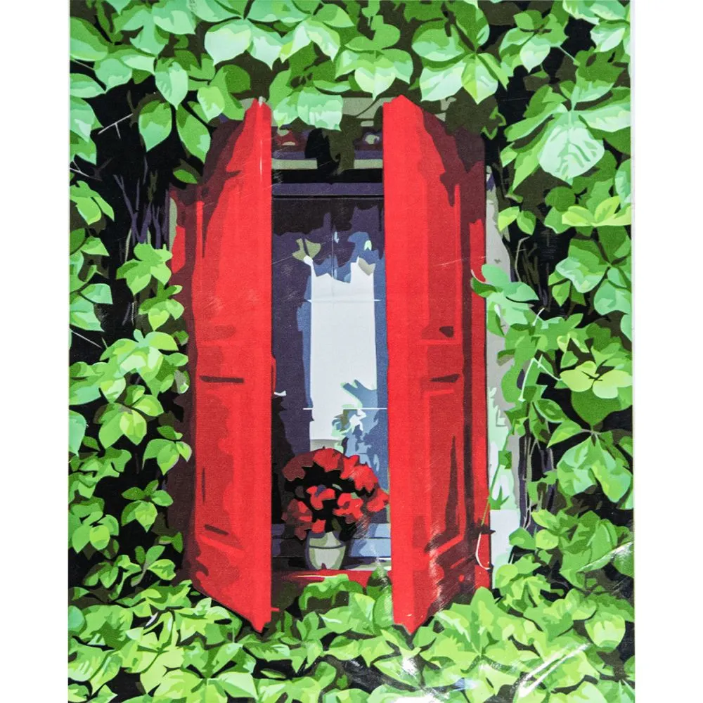 Картина за номерами Strateg ПРЕМІУМ Червоні віконниці з лаком розміром 40х50 см VA-3382