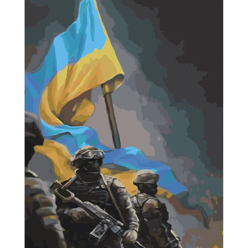 Картина за номерами Strateg ПРЕМІУМ Українські воїни з лаком розміром 40х50 см (SY6539)