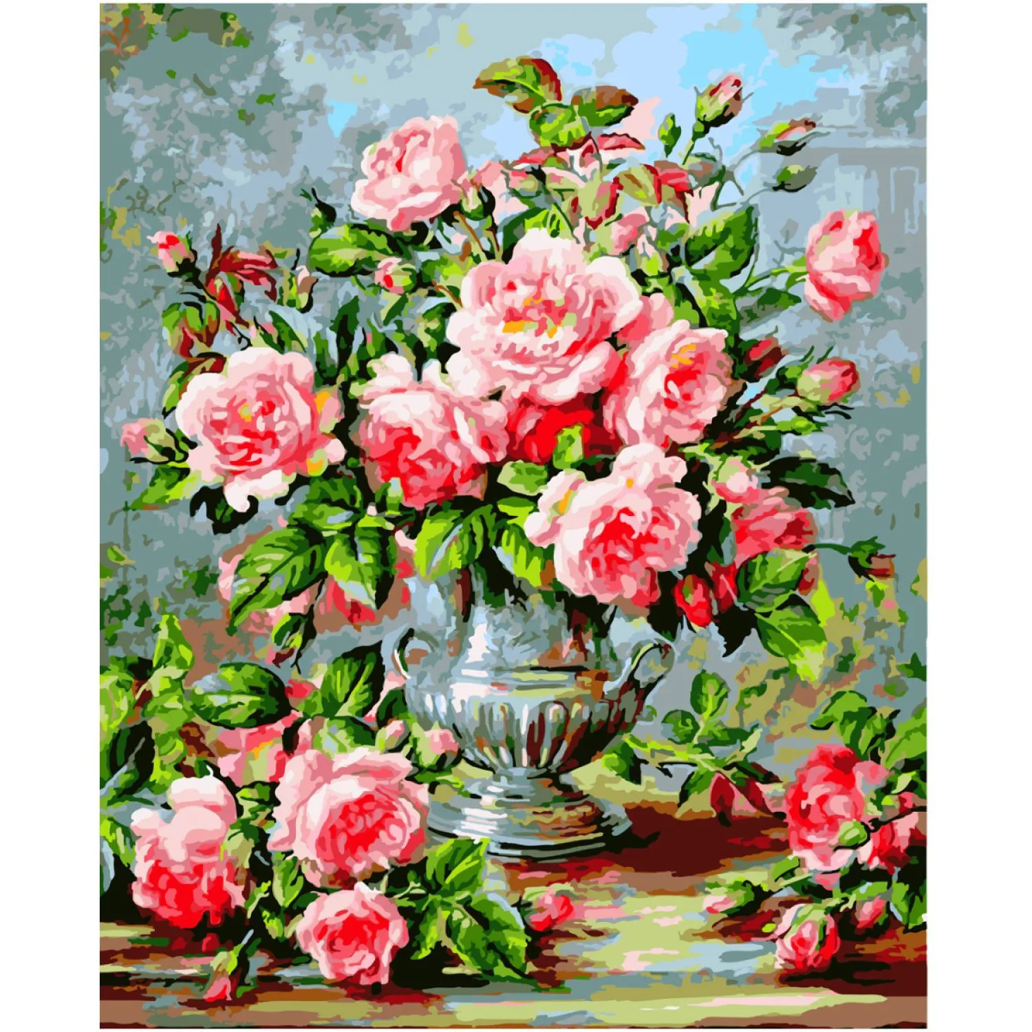 Картина по номерам Strateg Розы в серебряной вазе с лаком и уровнем 40х50 см SY6599