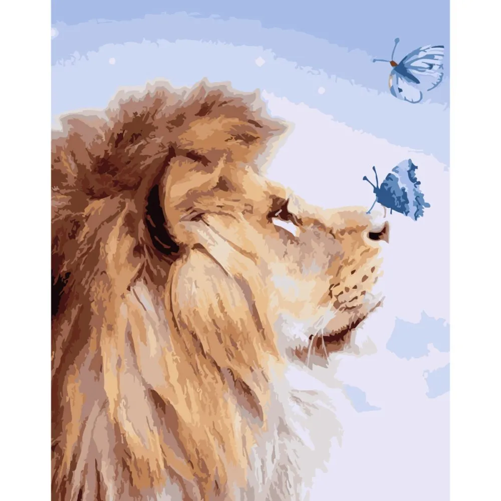 Картина за номерами Strateg ПРЕМІУМ Лев та метелики з лаком та рівнем розміром 40х50 см (SY6773)