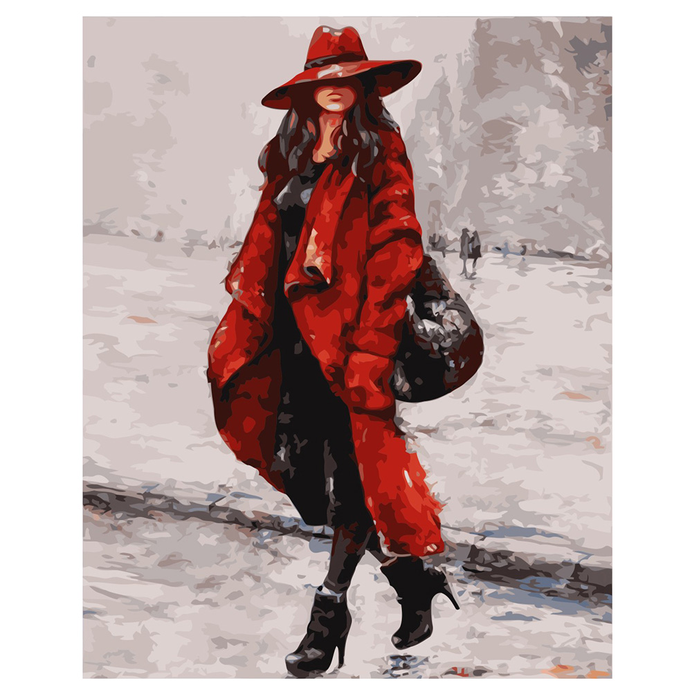 Картина за номерами Strateg ПРЕМІУМ Жінка в червоному капелюсі з лаком та рівнем розміром 40х50 см VA-0044