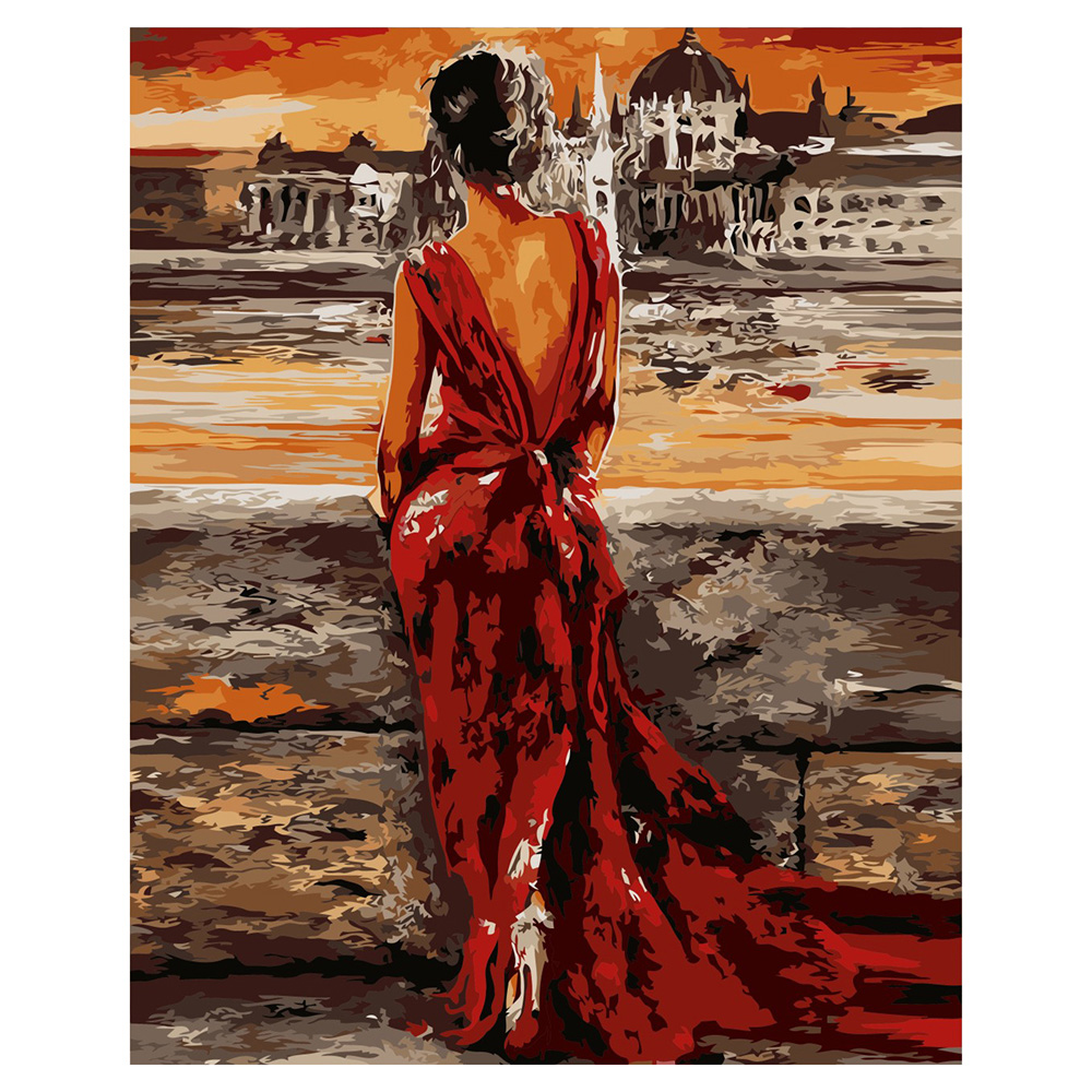 Картина за номерами Strateg ПРЕМІУМ Жінка в червоному з лаком розміром 40х50 см VA-0048