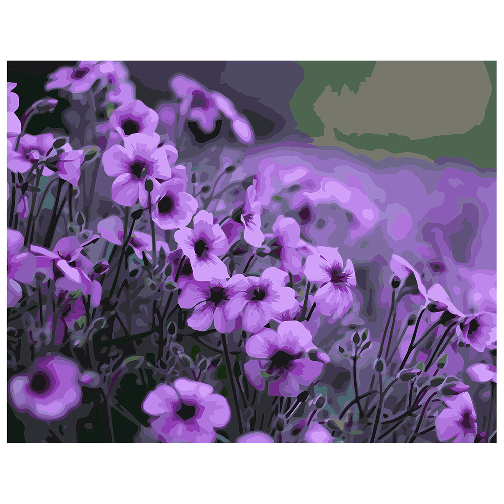 Картина за номерами Strateg ПРЕМІУМ Фіолетові квіти з лаком розміром 40х50 см VA-0533