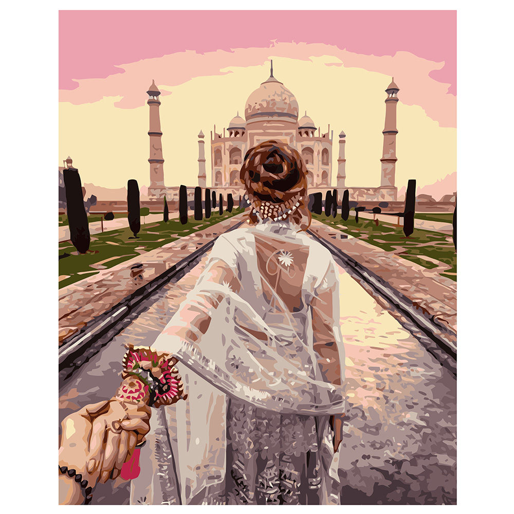 Malen nach Zahlen Strateg PREMIUM Mädchen in der Nähe des Taj Mahal mit Lackgröße 40x50 cm VA-0786