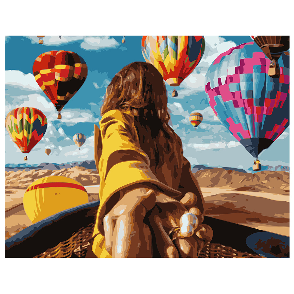 Картина за номерами Strateg ПРЕМІУМ Дівчина з повітряними кульками з лаком та рівнем розміром 40х50 см VA-1283