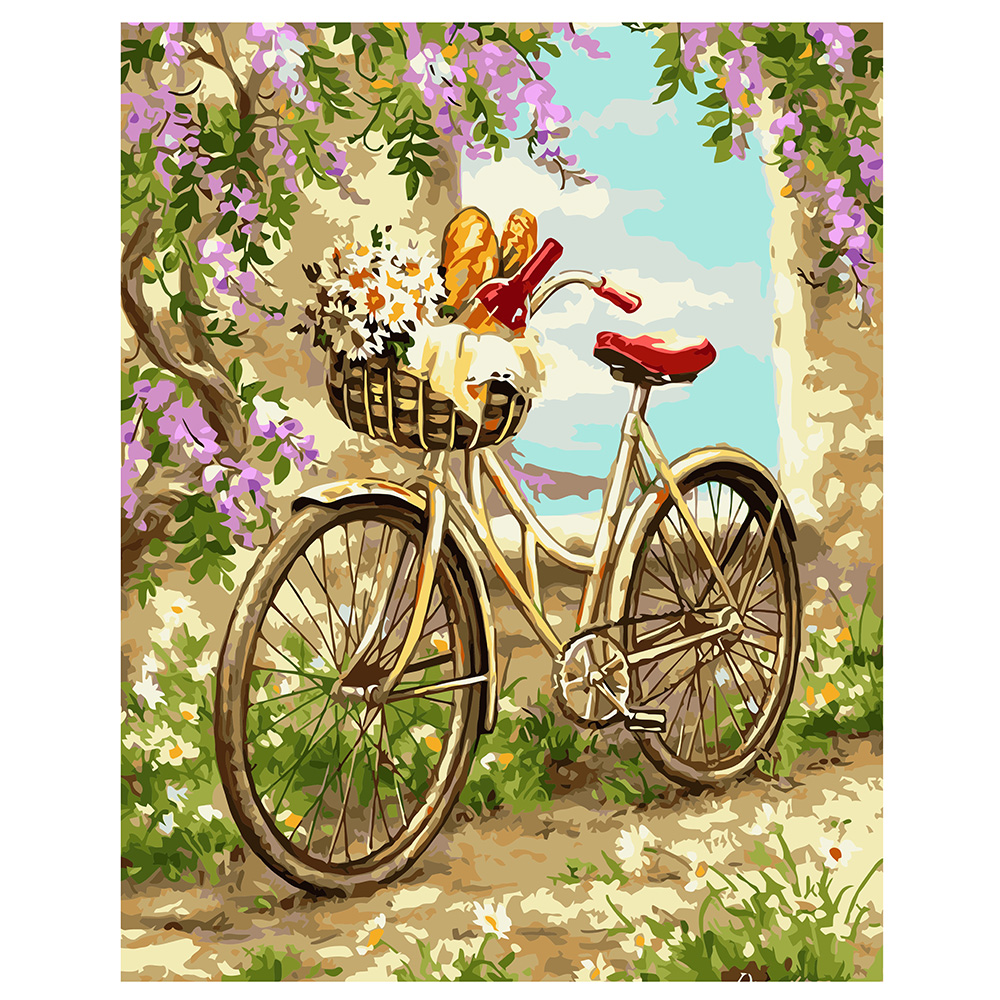 Картина за номерами Strateg ПРЕМІУМ Велосипед в саду з лаком розміром 40х50 см VA-1286