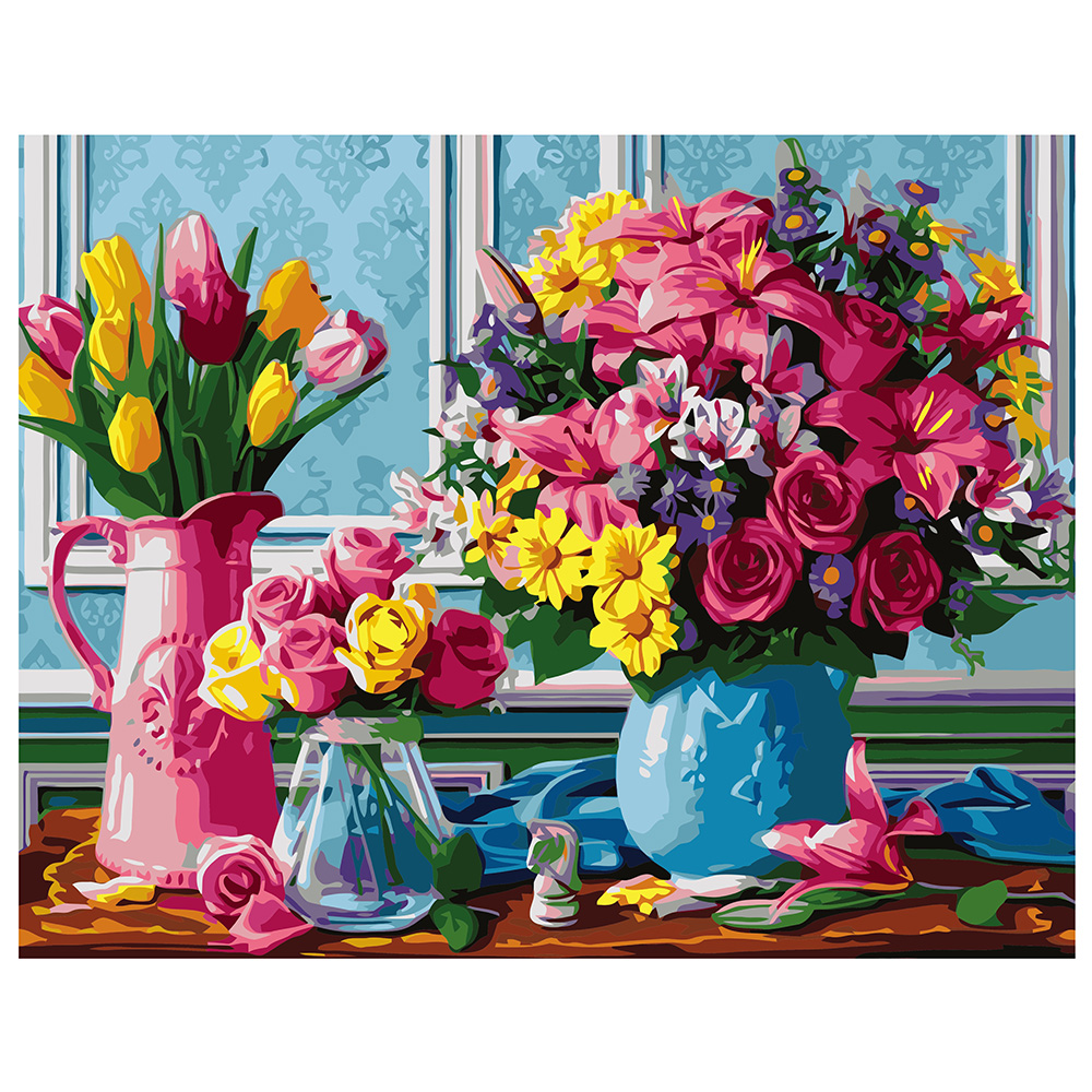 Картина за номерами Strateg ПРЕМІУМ Букети квітів з лаком розміром 40х50 см VA-1364