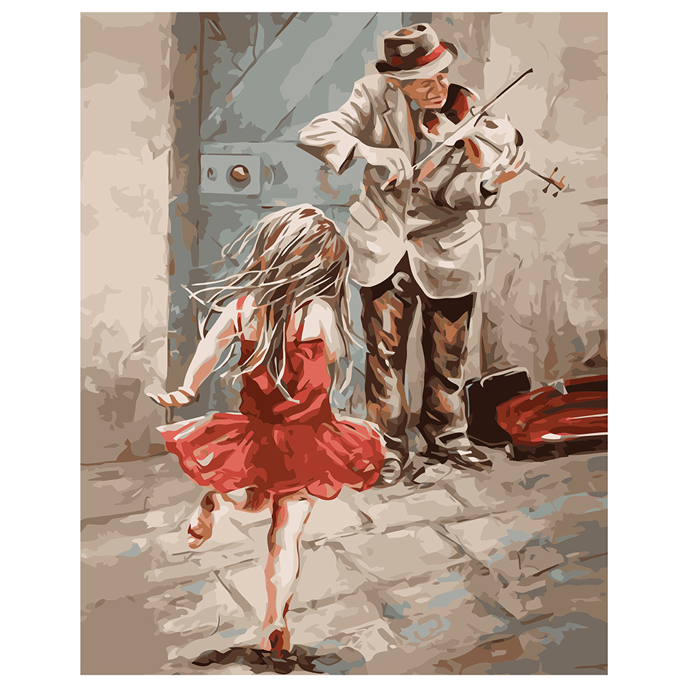 Картина за номерами Strateg ПРЕМІУМ Дівчинка і скрипаль з лаком розміром 40х50 см VA-1413