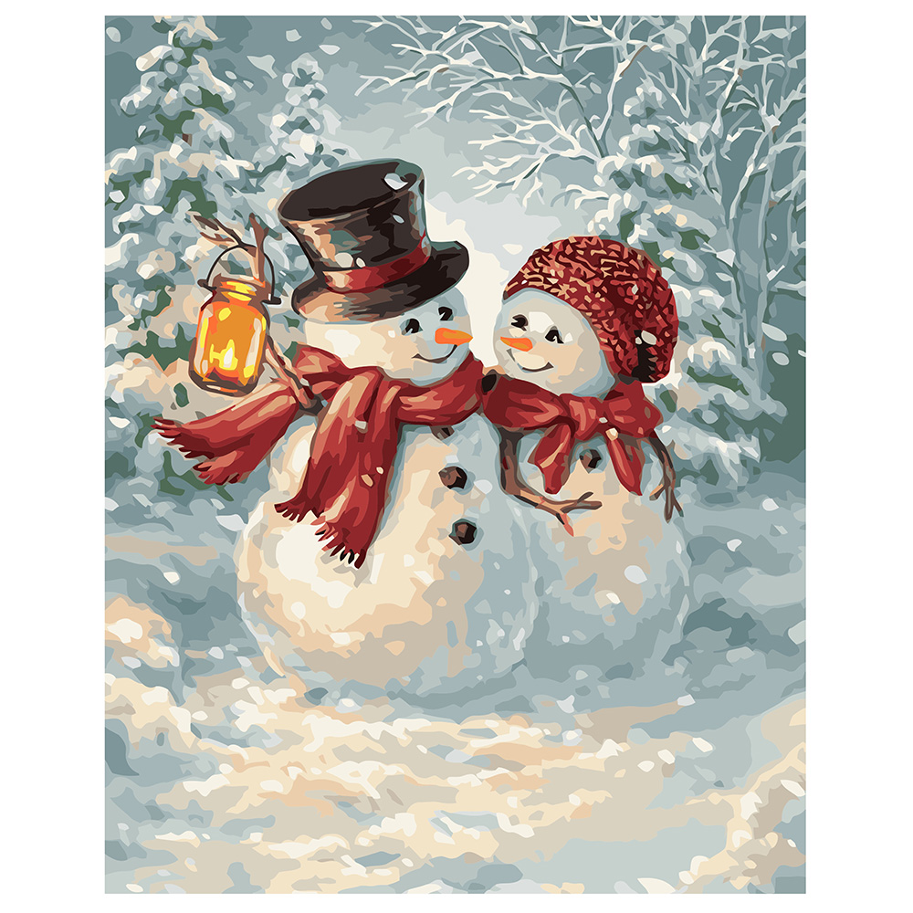 Картина за номерами Strateg ПРЕМІУМ Добрі сніговики з лаком та рівнем розміром 40х50 см VA-1480
