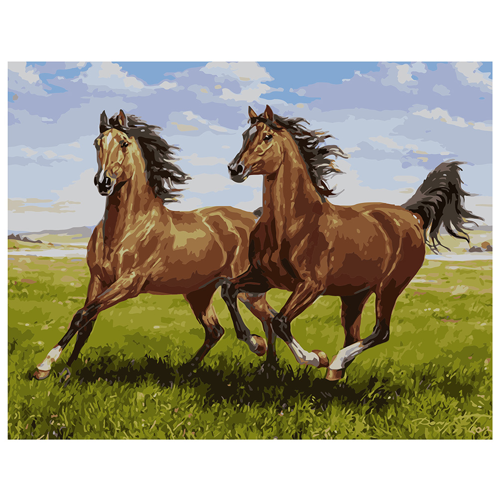 Картина за номерами Strateg ПРЕМІУМ Вільні коні з лаком розміром 40х50 см VA-1495
