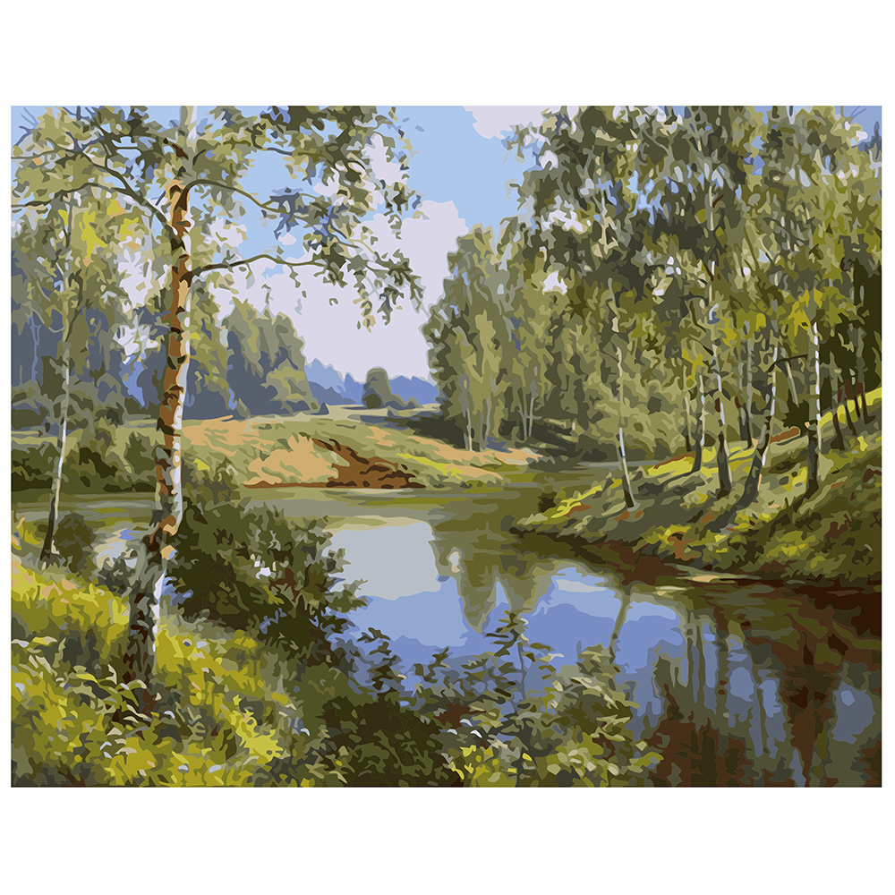 Картина за номерами Strateg ПРЕМІУМ Річка в весняному лісі з лаком розміром 40х50 см VA-1528