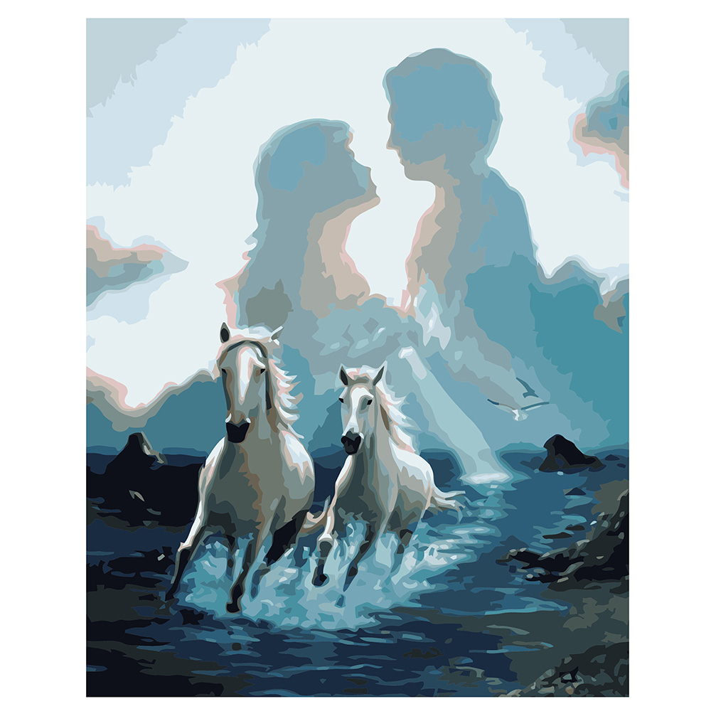 Картина за номерами Strateg ПРЕМІУМ Пара білих мустангів в воді з лаком та рівнем розміром 40х50 см VA-1586
