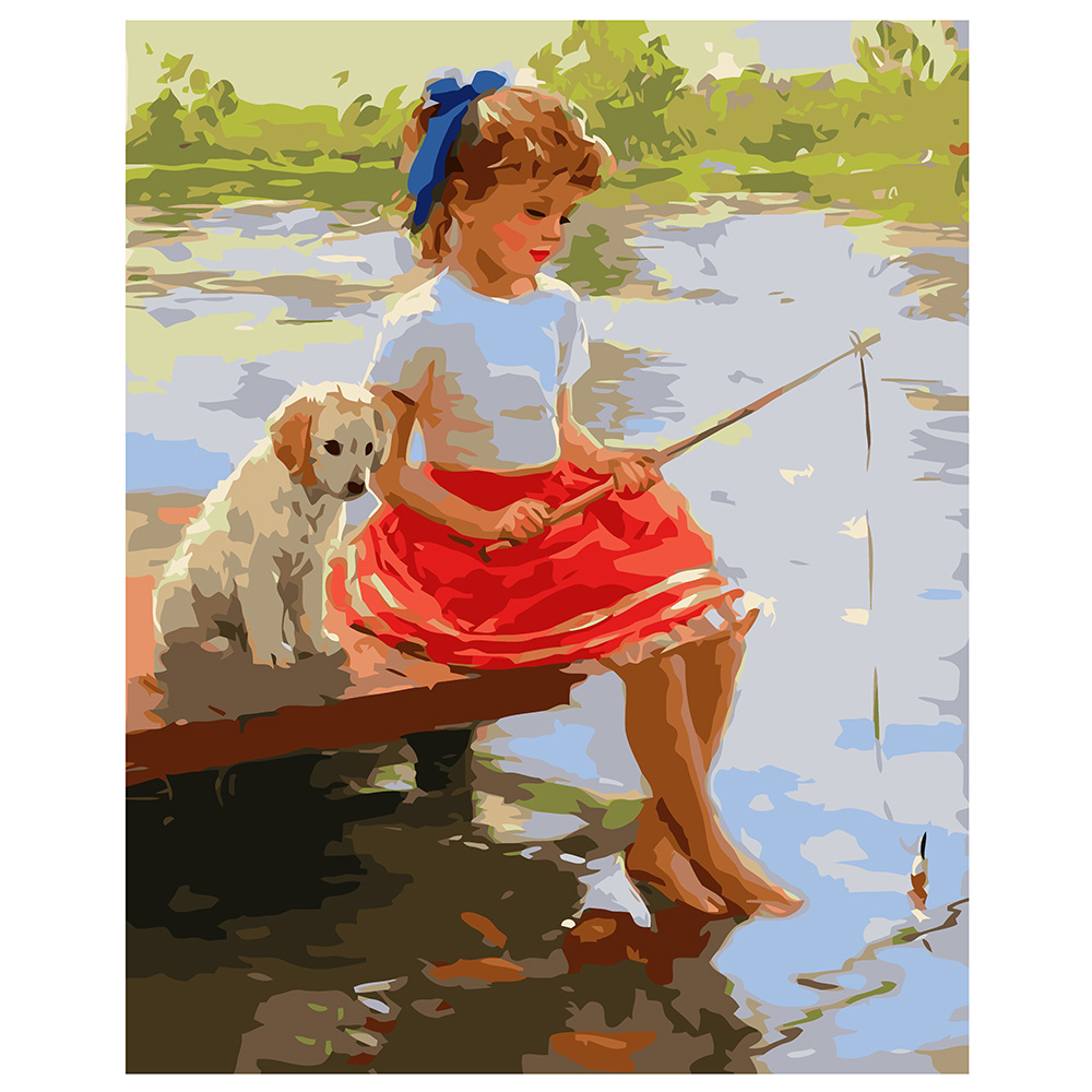 Картина по номерам Strateg ПРЕМИУМ Девушка и песик на мостике с лаком размером 40х50 см VA-1794