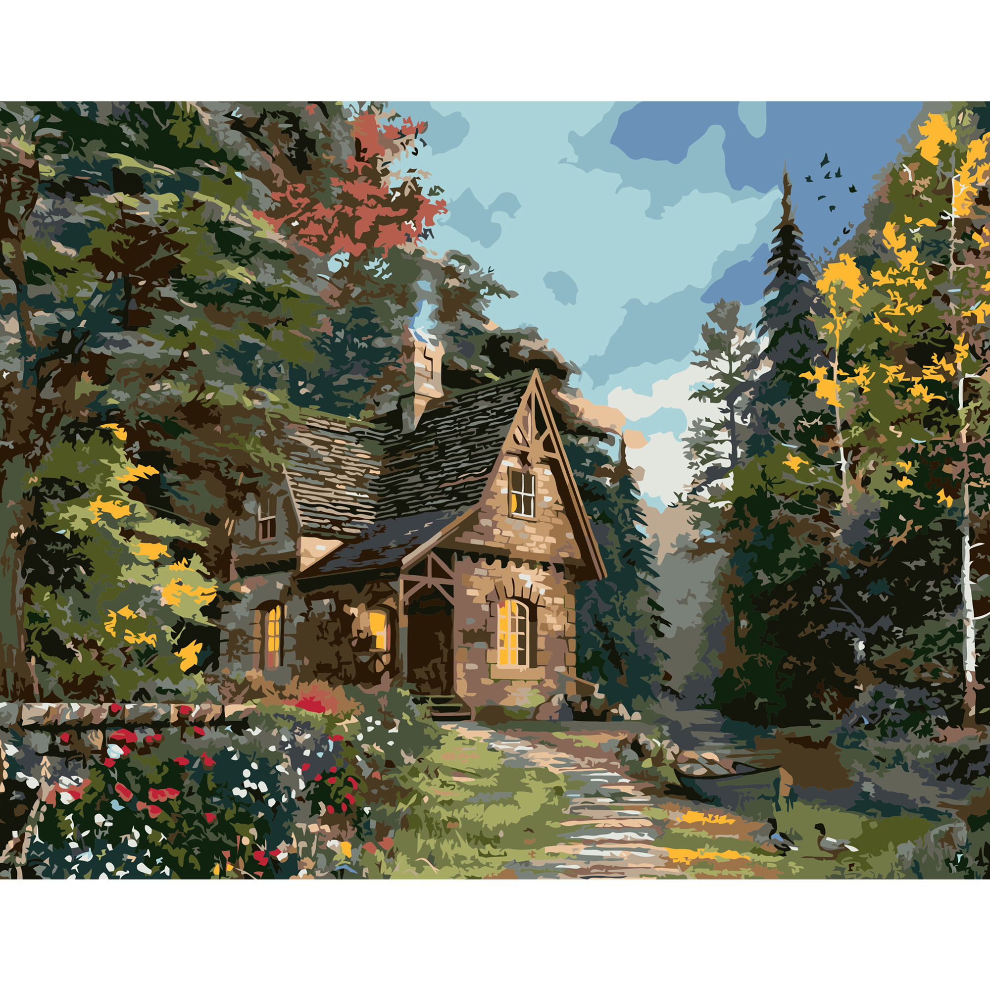 Картина за номерами Strateg ПРЕМІУМ Затишний будиночок в лісі з лаком розміром 40х50 см VA-0453