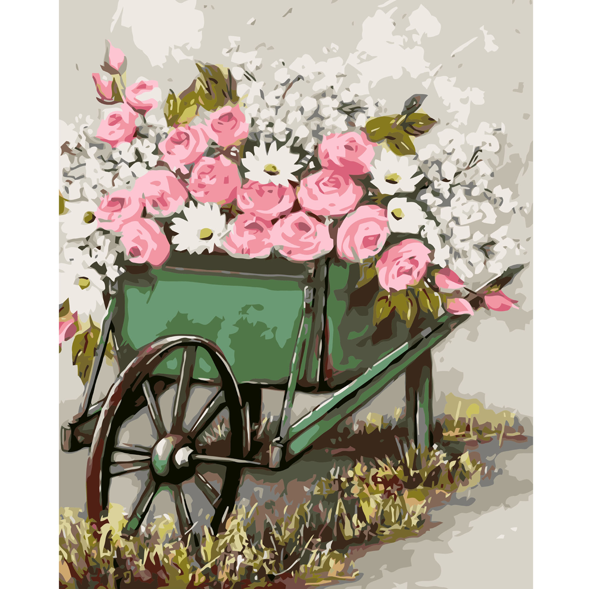 Картина за номерами Strateg ПРЕМІУМ Візок з квітами з лаком розміром 40х50 см VA-0829