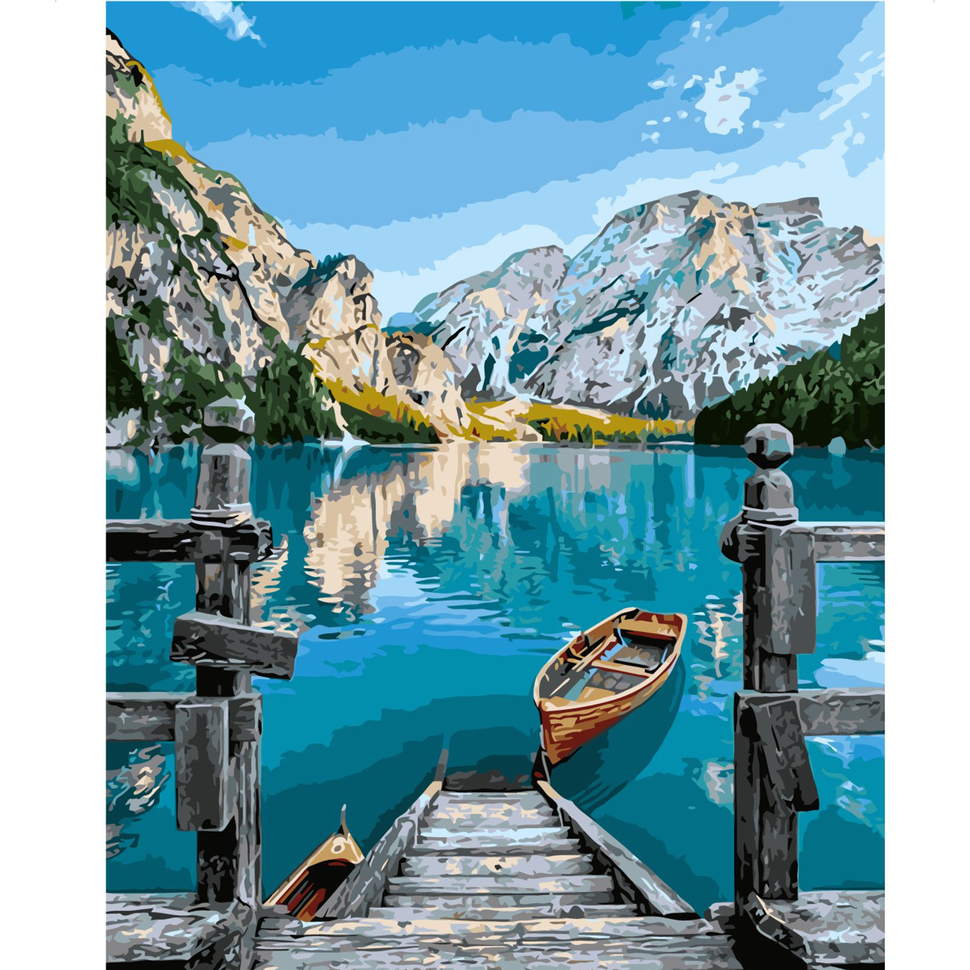 Картина за номерами Strateg ПРЕМІУМ Альпійське озеро з лаком та рівнем розміром 40х50 см VA-2156