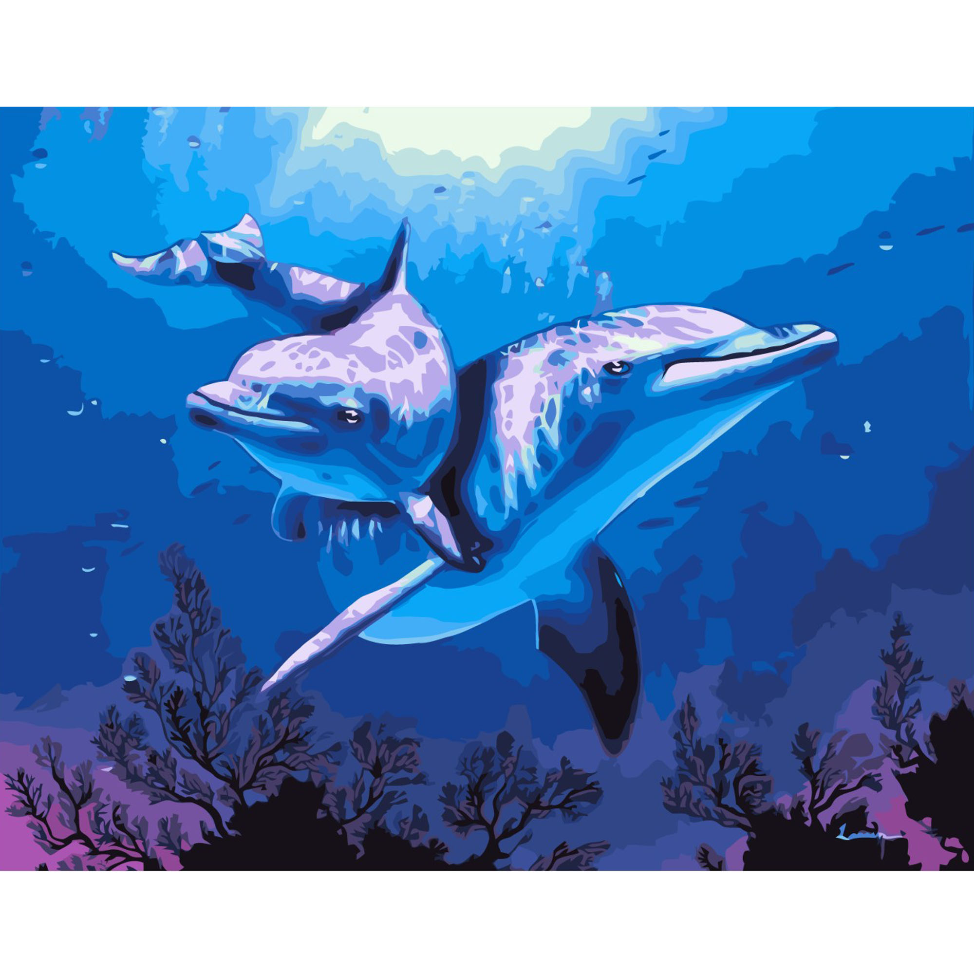 Картина за номерами Strateg ПРЕМІУМ Дельфіни з лаком та рівнем розміром 40х50 см VA-2221