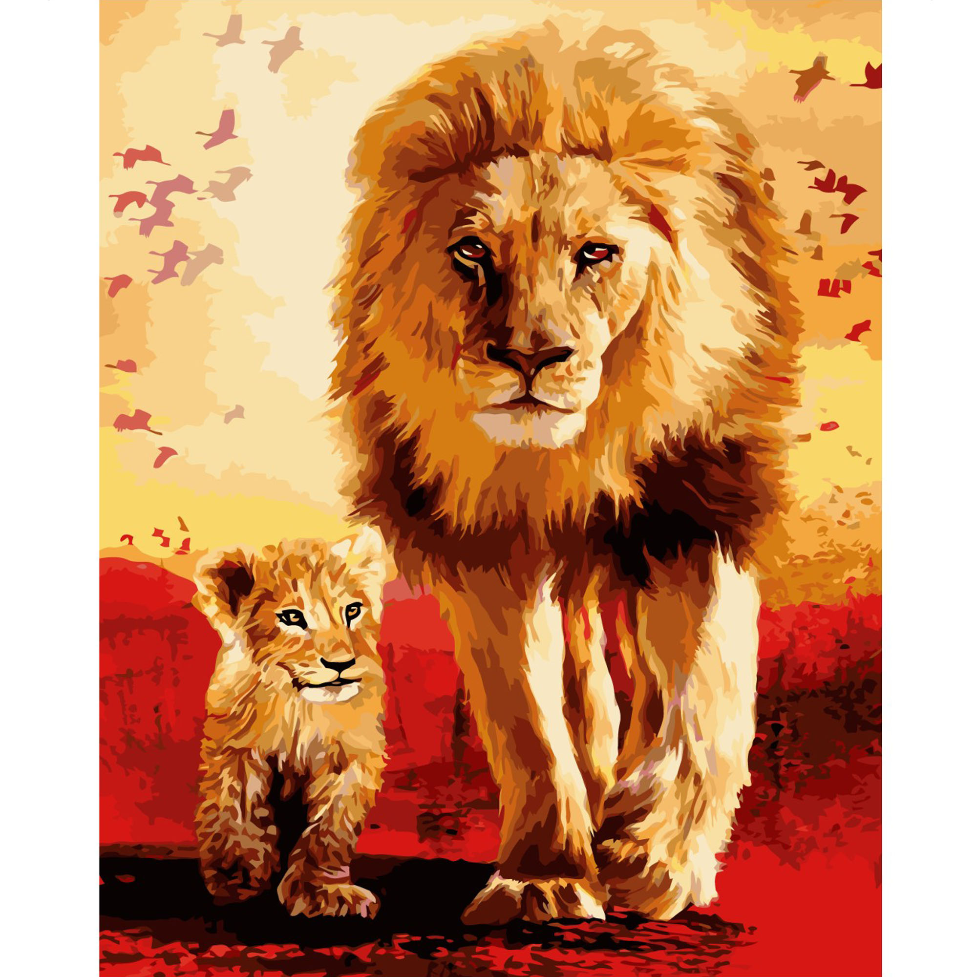 Картина за номерами Strateg ПРЕМІУМ Лев з левеням з лаком та рівнем розміром 40х50 см VA-2309
