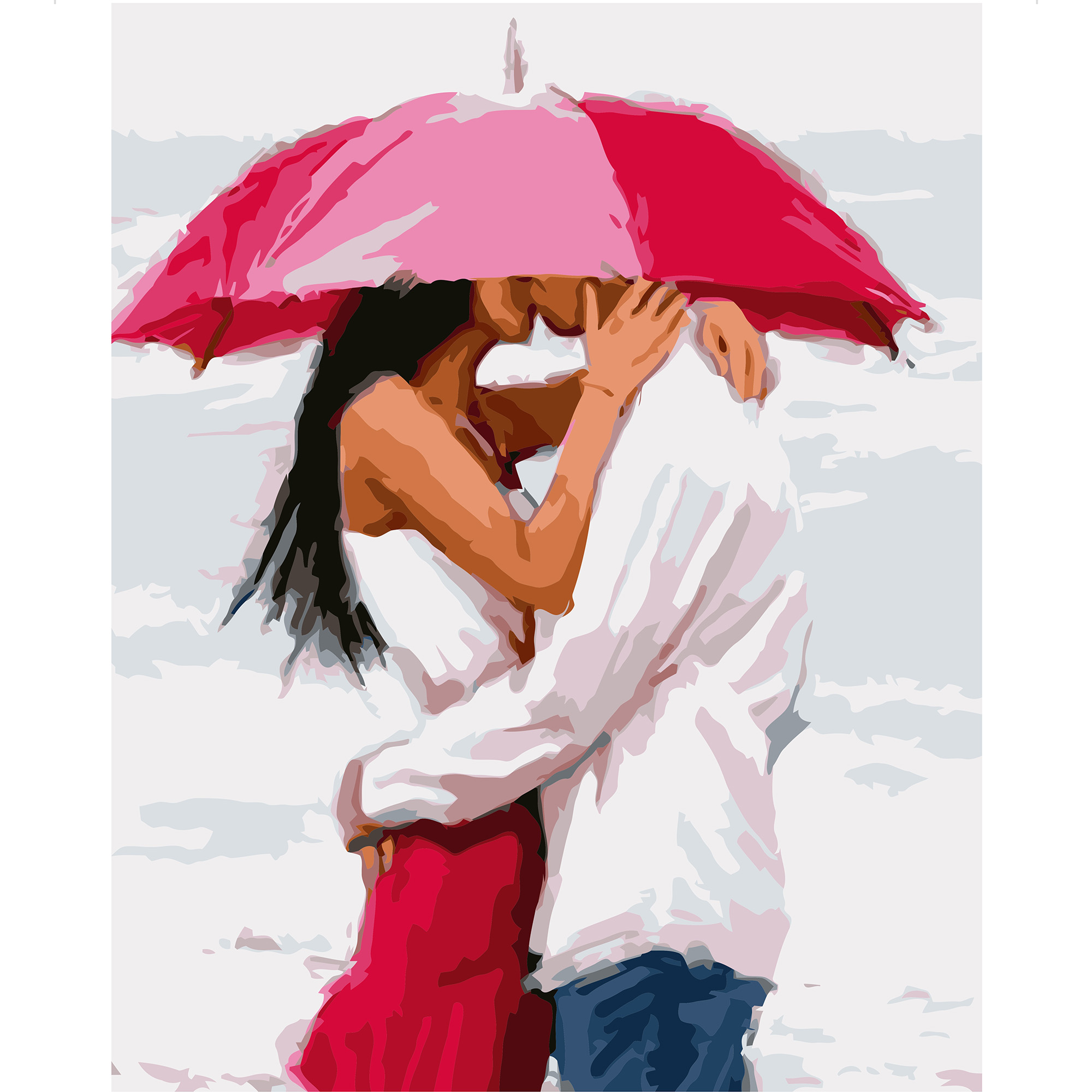 Картина за номерами Strateg ПРЕМІУМ Поцілунок під парасолькою з лаком та рівнем розміром 40х50 см VA-1575