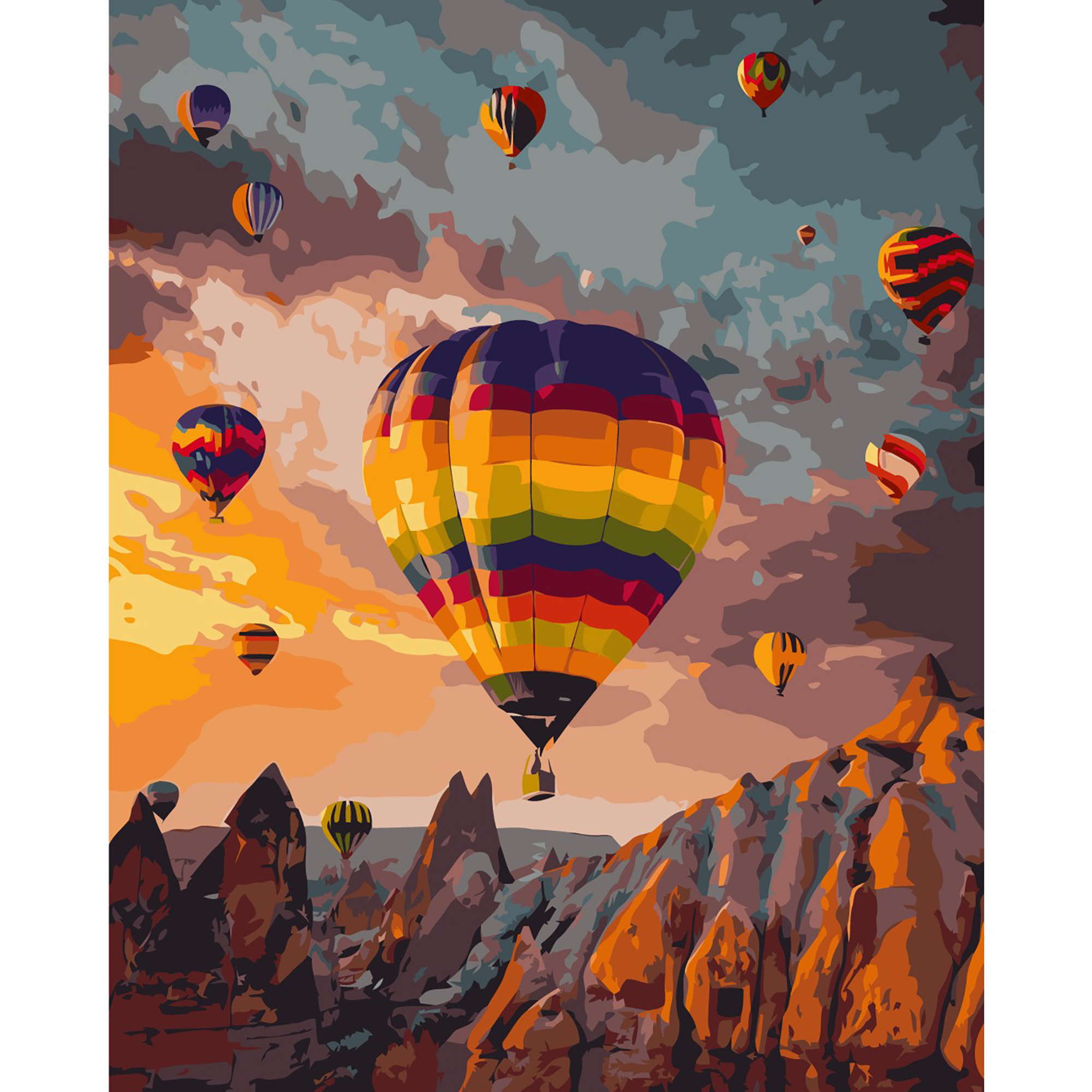 Картина за номерами Strateg ПРЕМІУМ Кольорові повітряні кулі серед гір з лаком та рівнем розміром 40х50 см VA-1833