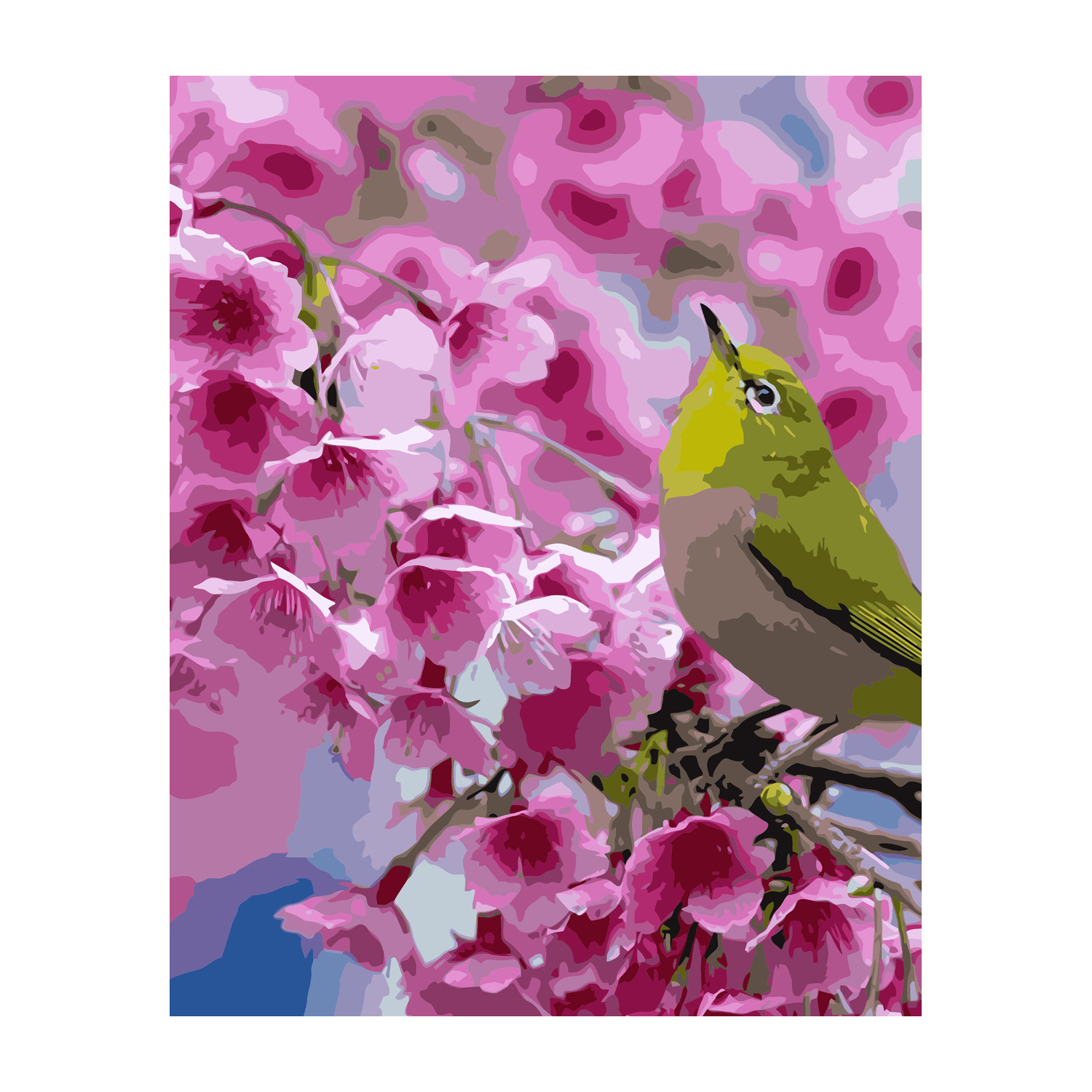 Картина за номерами Strateg ПРЕМІУМ Зелена пташка на гілці з лаком розміром 40х50 см VA-2846