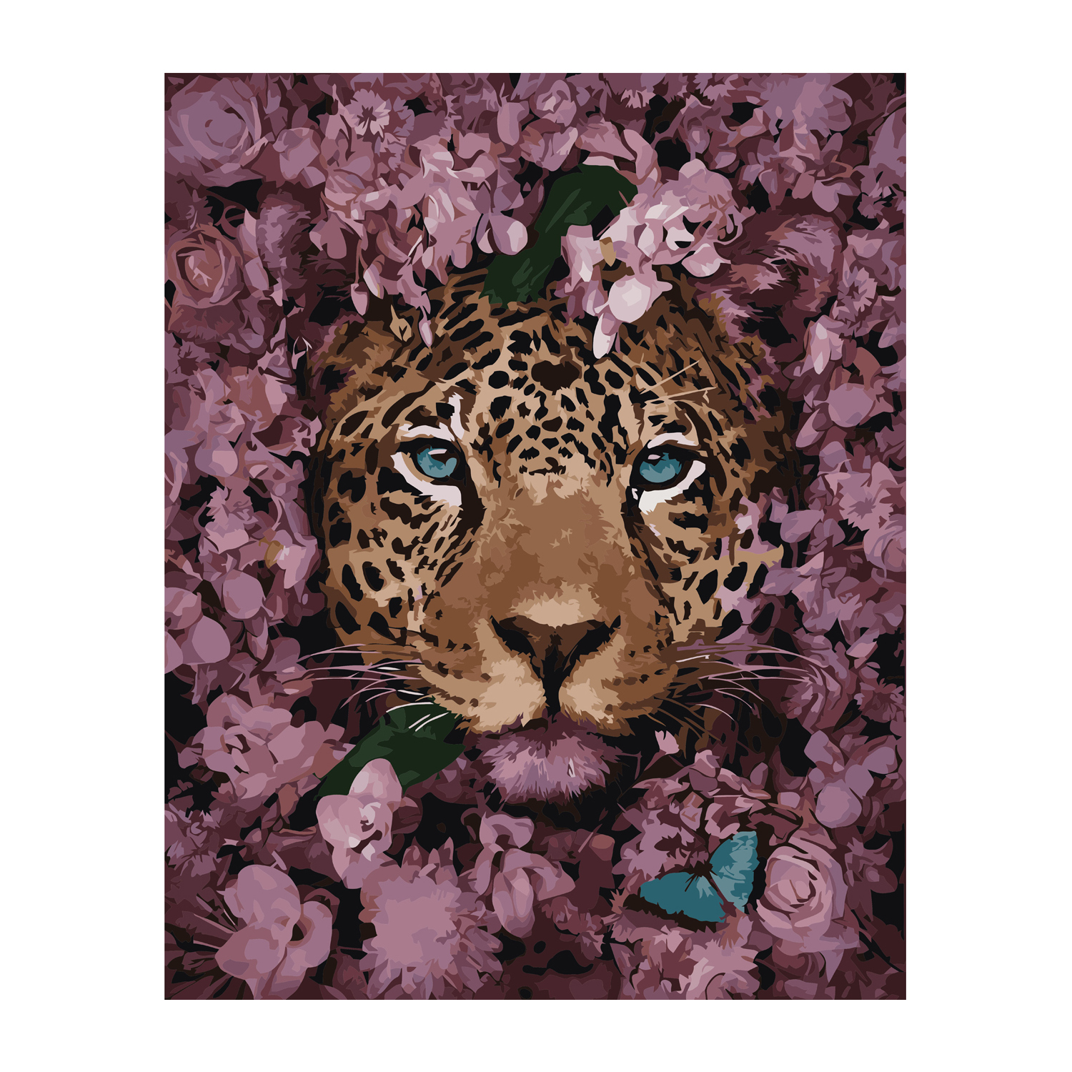 Картина за номерами Strateg ПРЕМІУМ Леопард серед квітів з лаком та рівнем розміром 40х50 см VA-2869