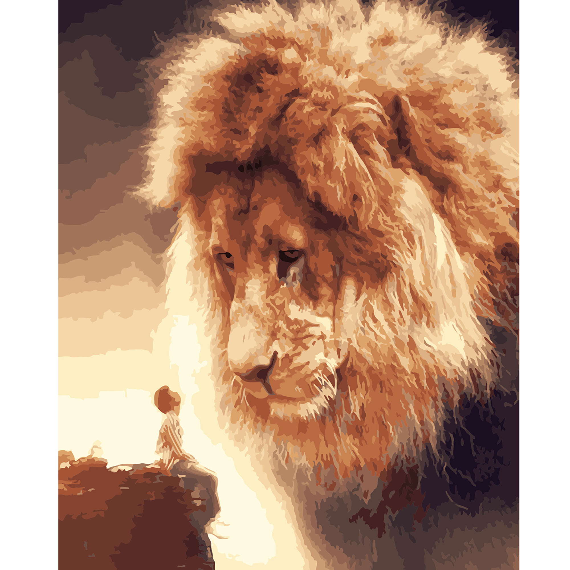 Картина за номерами Strateg ПРЕМІУМ Хлопчик і лев з лаком розміром 40х50 см VA-2979