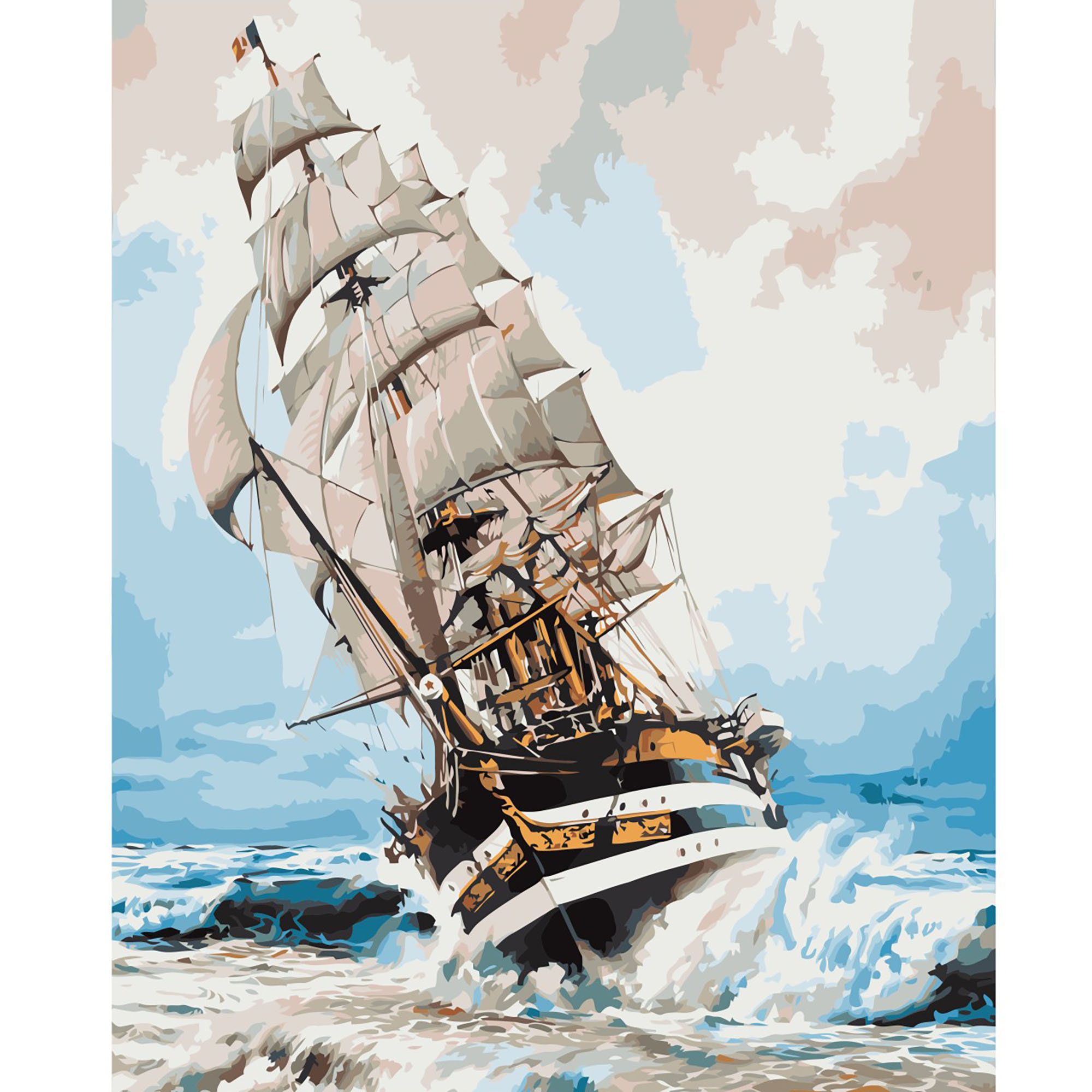 Картина за номерами Strateg ПРЕМІУМ Корабель на хвилях з лаком та рівнем розміром 40х50 см VA-2506