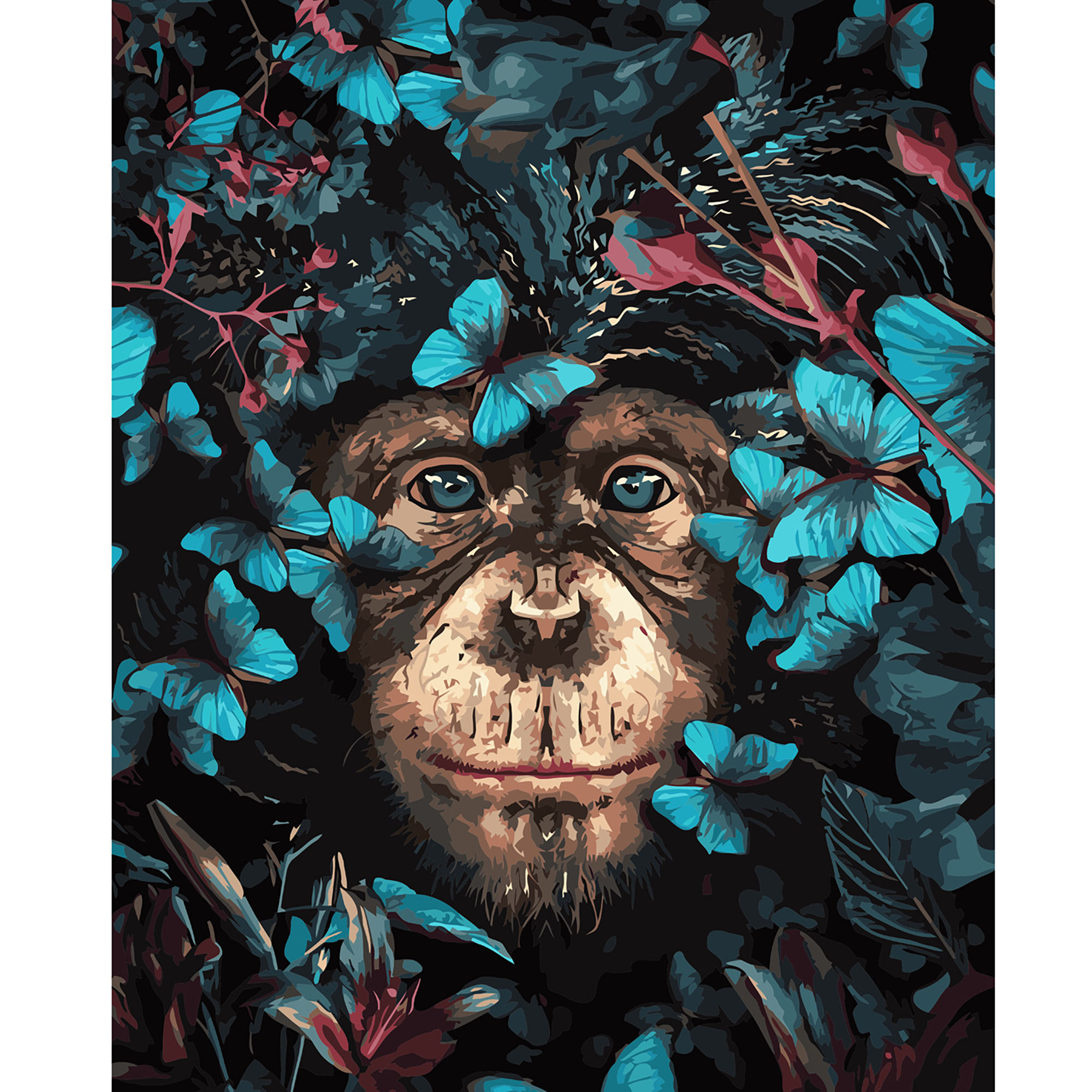 Картина за номерами Strateg ПРЕМІУМ Шимпанзе з метеликами з лаком та рівнем розміром 40х50 см VA-2756