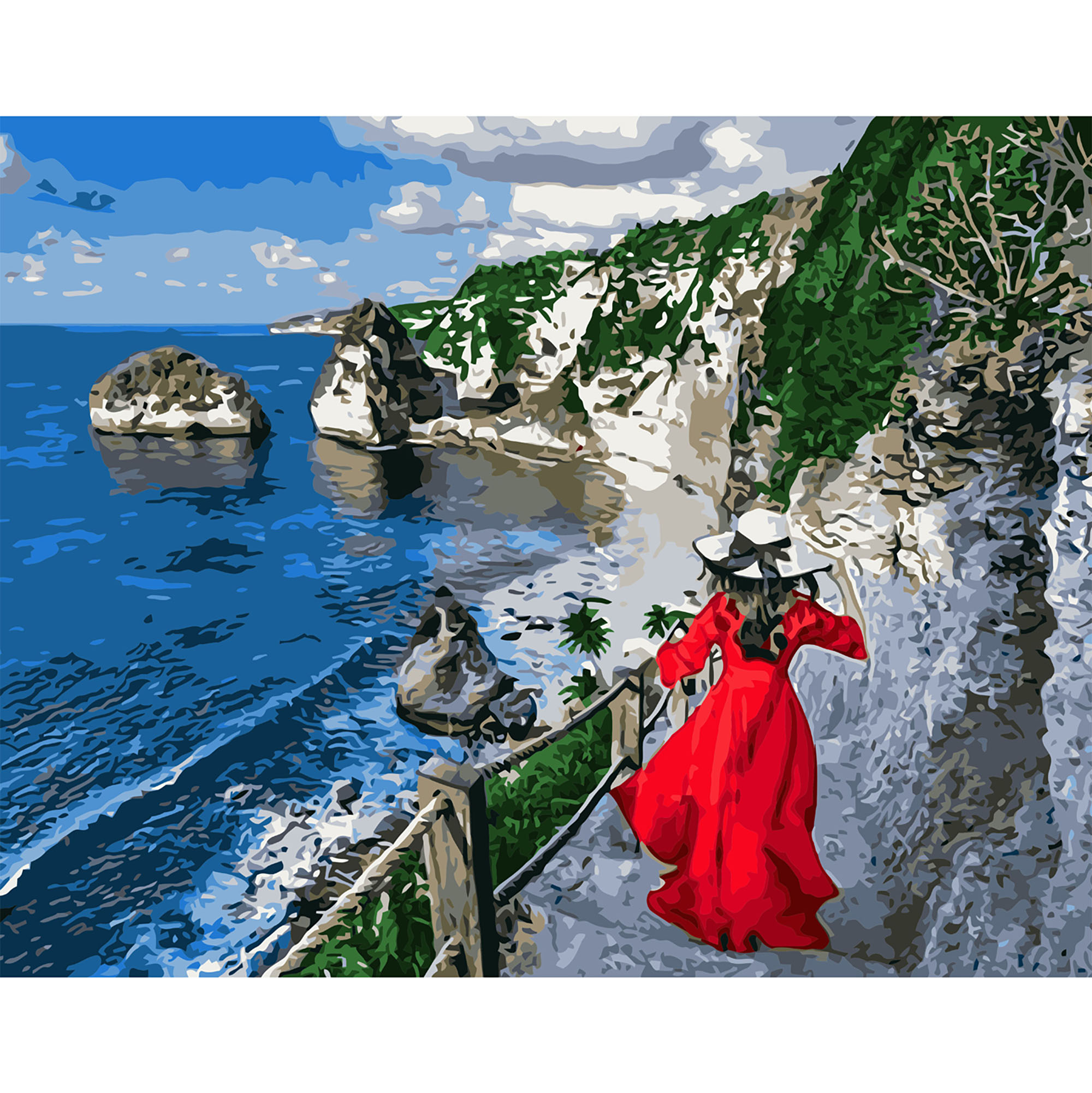 Картина за номерами Strateg ПРЕМІУМ Дівчина в червоному біля океану з лаком та рівнем розміром 40х50 см VA-2948
