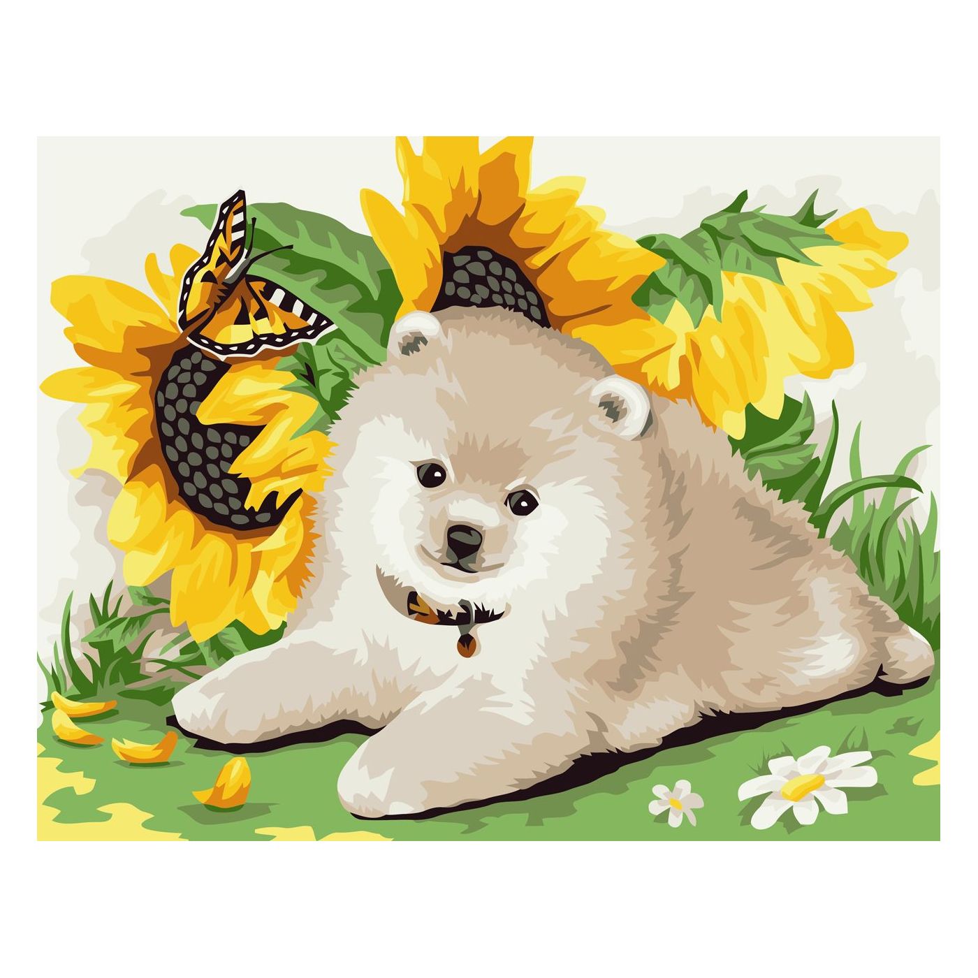 Картина за номерами Strateg ПРЕМІУМ Собачка з соняшниками розміром 30х40 см SV-0043