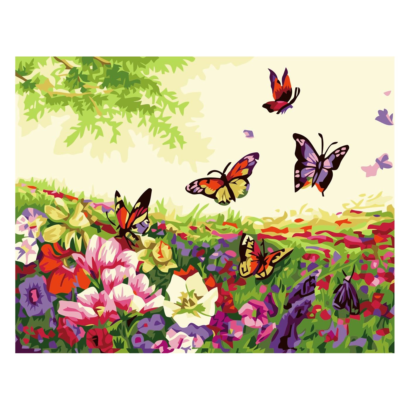 Картина за номерами Strateg ПРЕМІУМ Метелики у полі квітів з лаком та рівнем розміром 30х40 см SV-0056