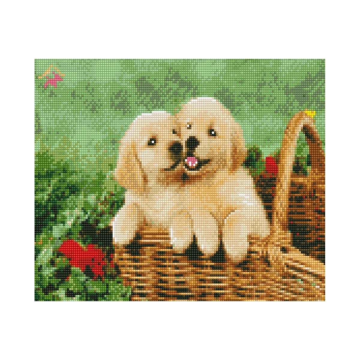 Diamond mosaic "Puppies in a basket", 30x40 cm